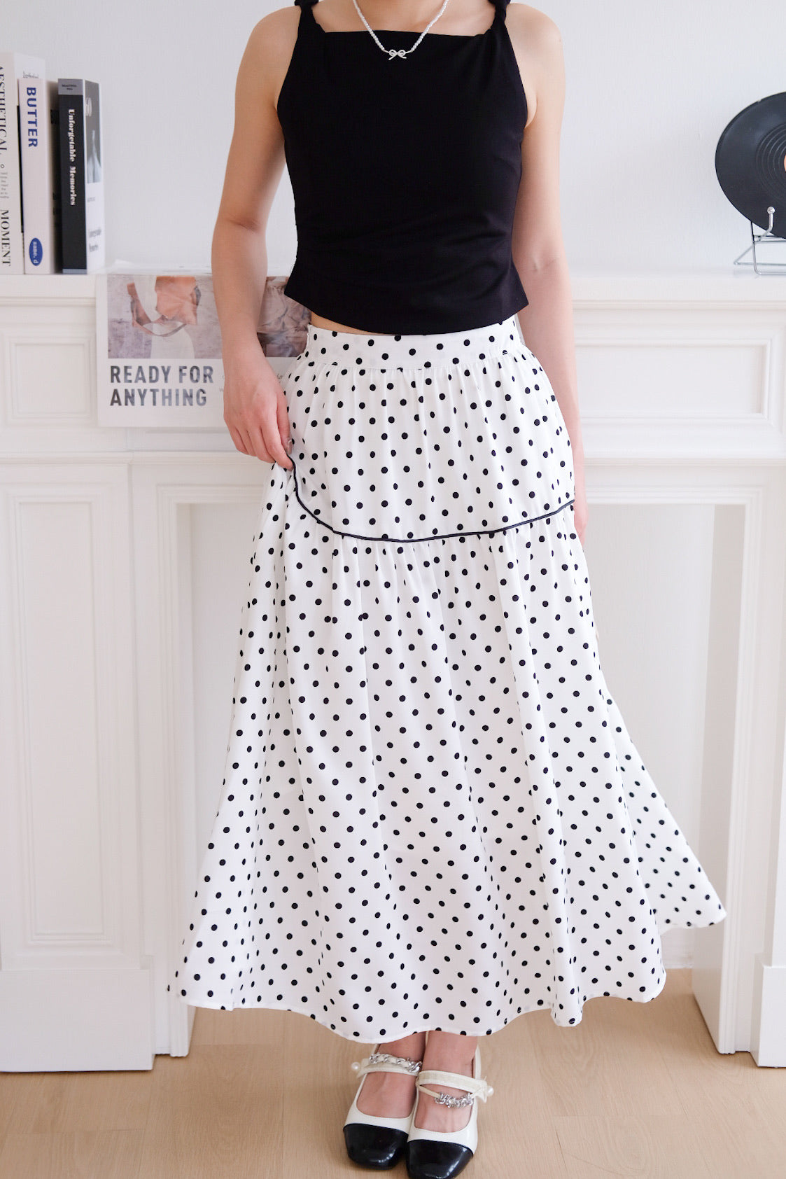 Alva Vintage Contrast A Line Skirt (Polka White)