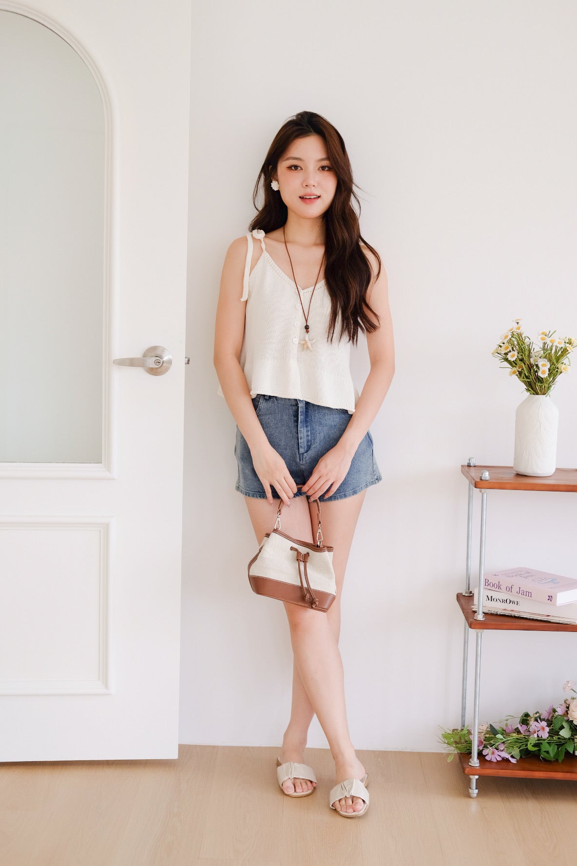 Gracie Self Tie Button Knit Top (Cream)
