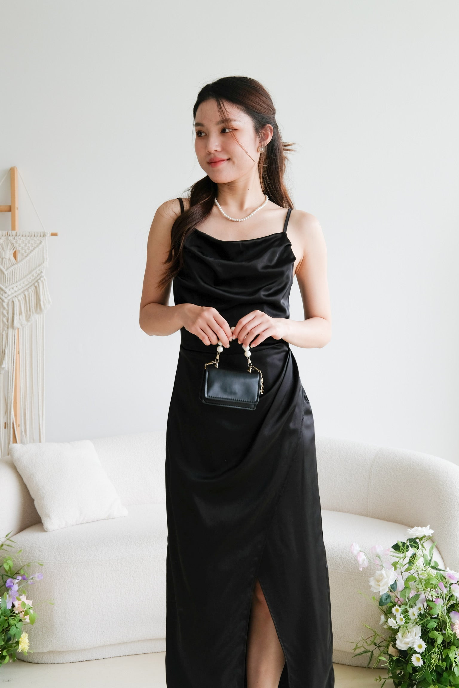 Sheryl Draped Satin Maxi Dress (Black)