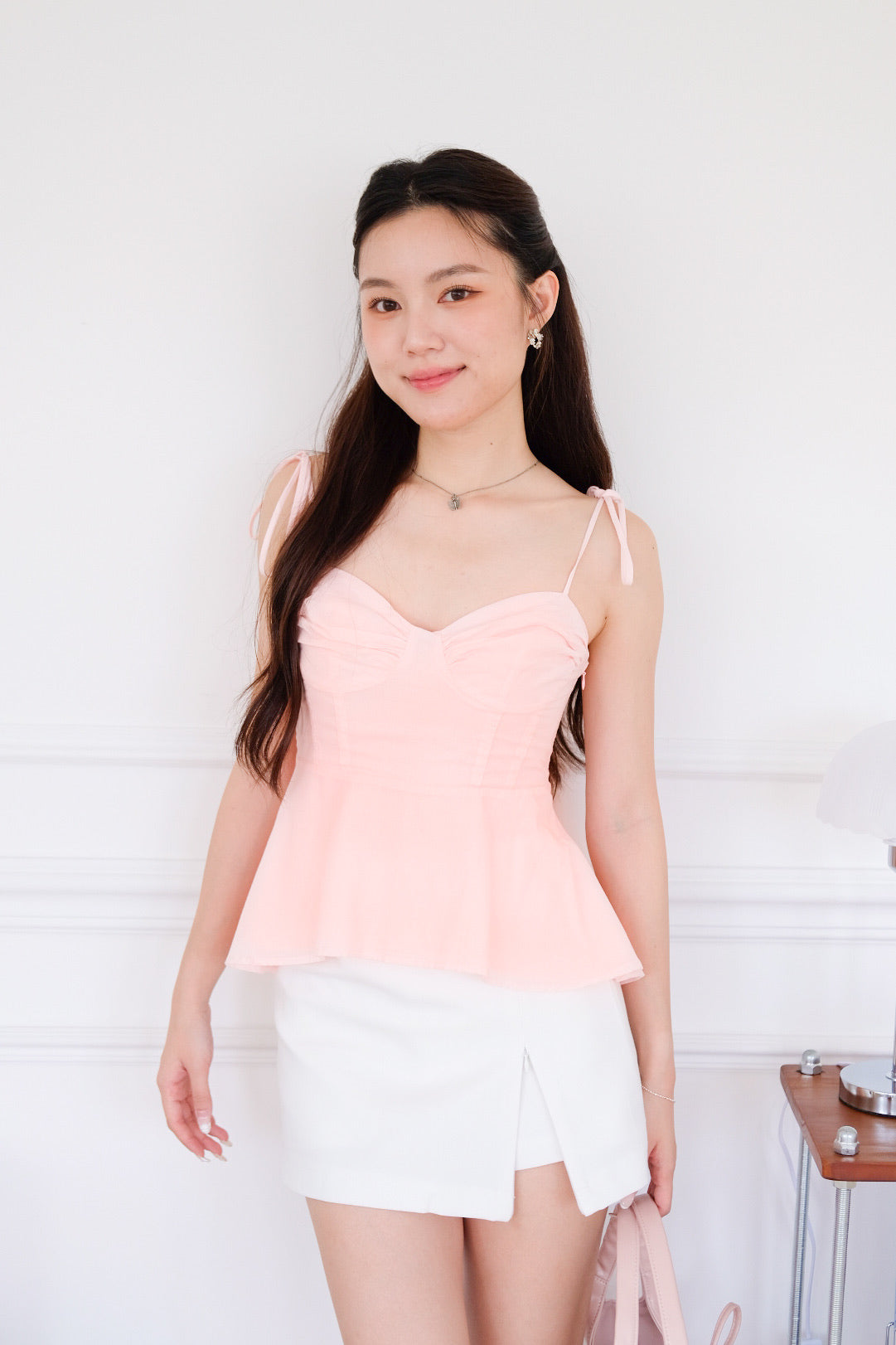 Mona Self Tie Ribbon Peplum Top (Pink)