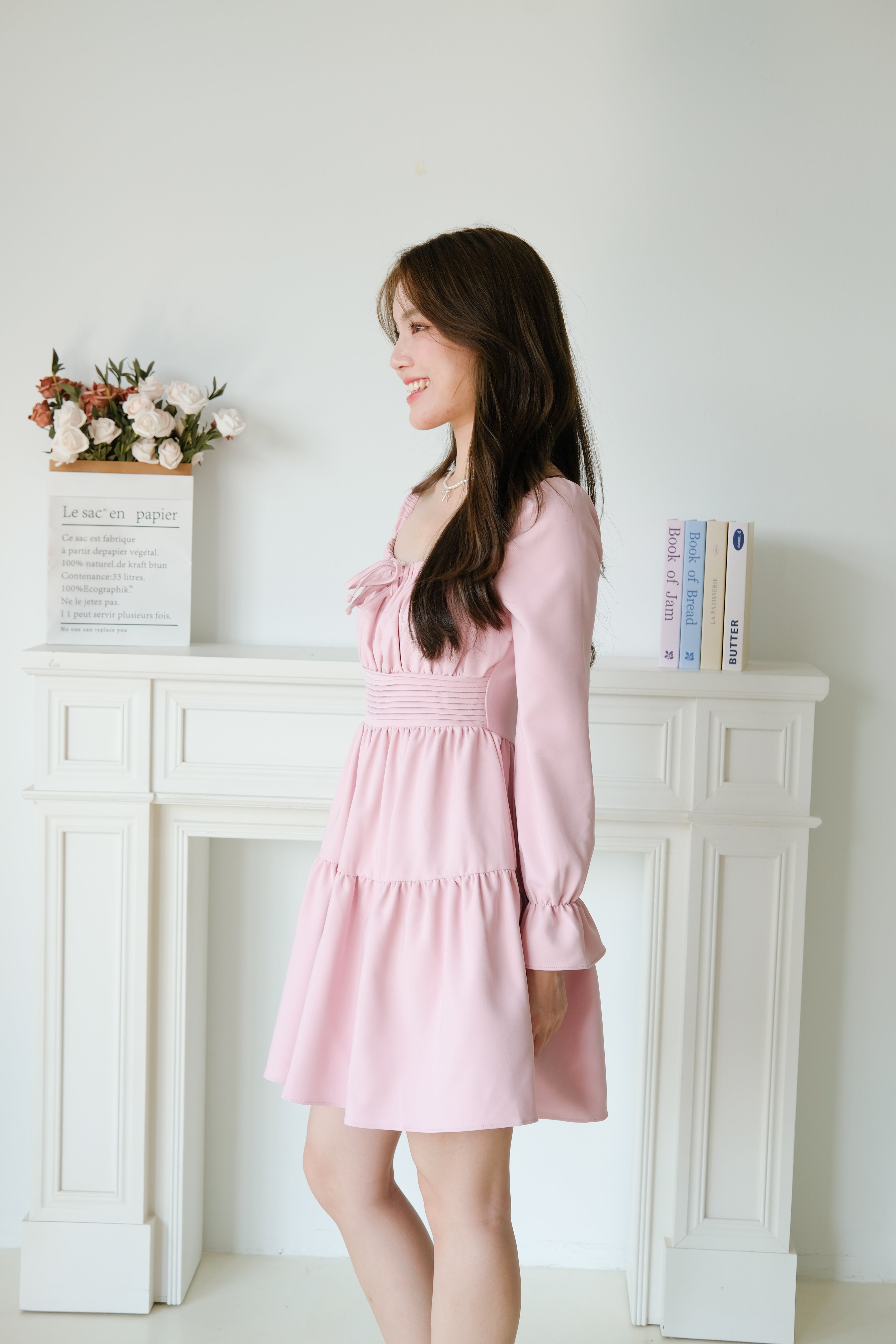 Destiny Ruched Long Sleeves Dress (Pink)