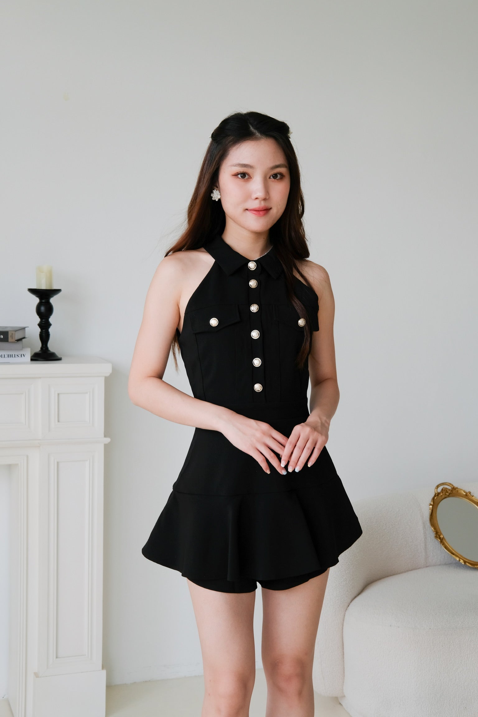 Dionne Gold Button Collared Romper (Black)