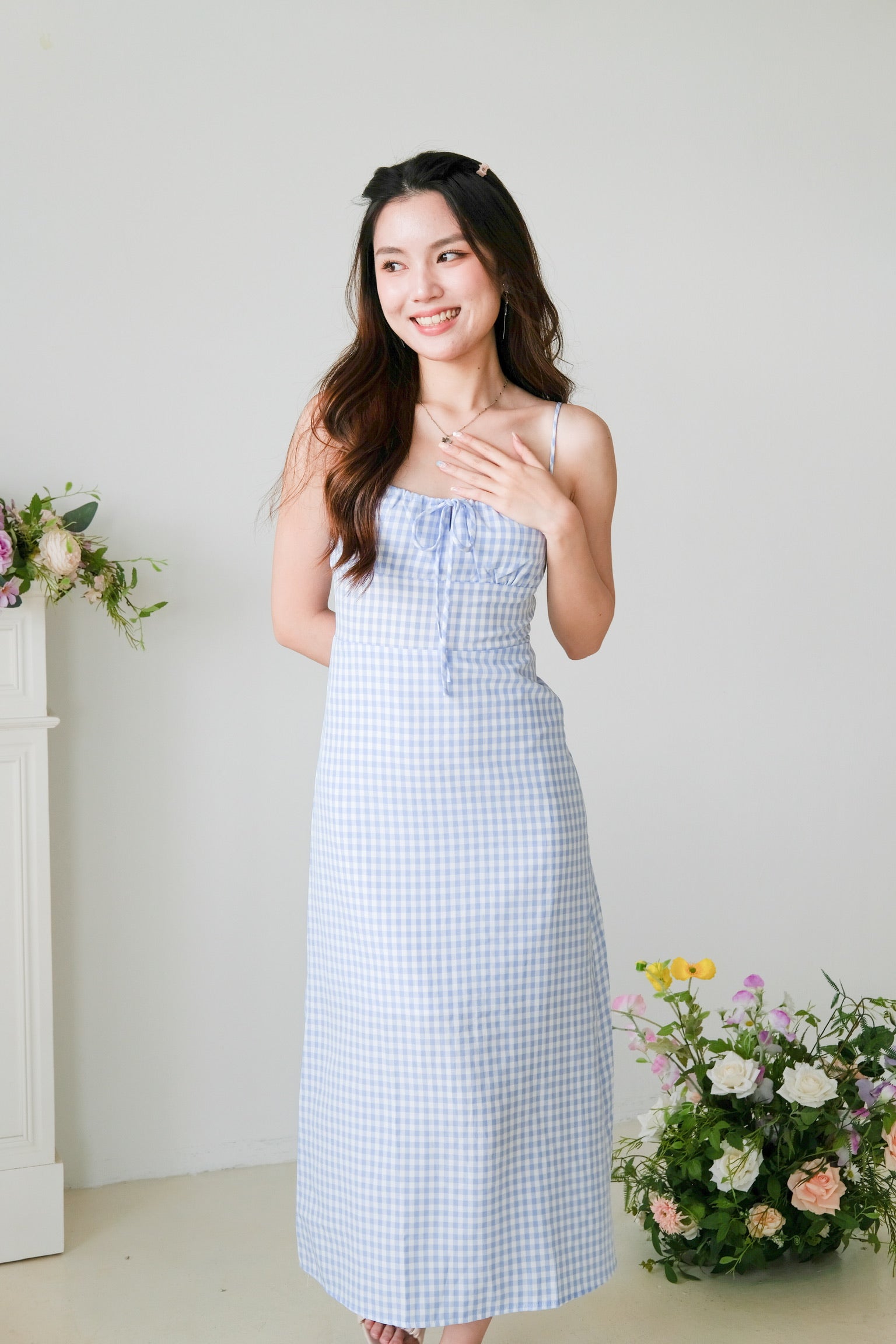 Veronnie Ruched Plaid Midi Dress (Blue)