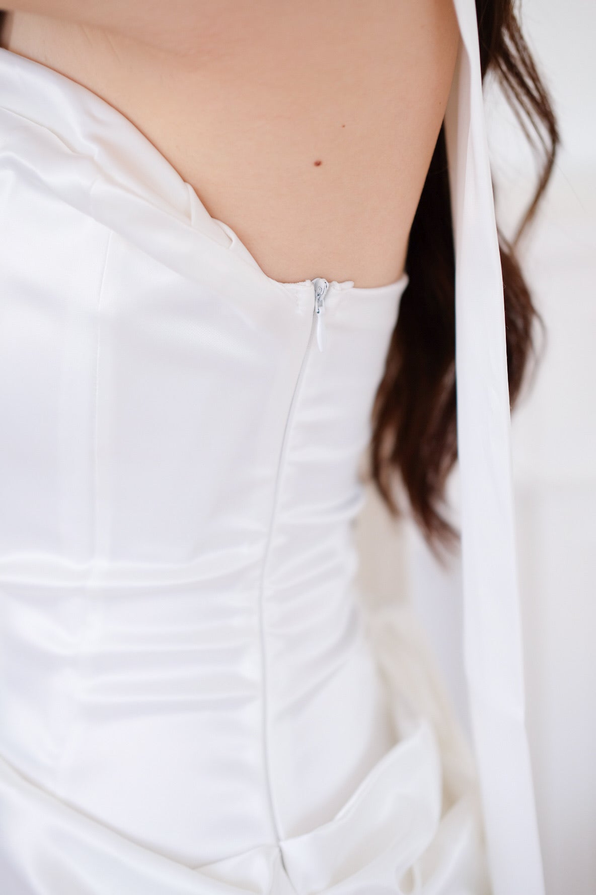 Gabriella Ruched Tube Satin Mini Dress (White)