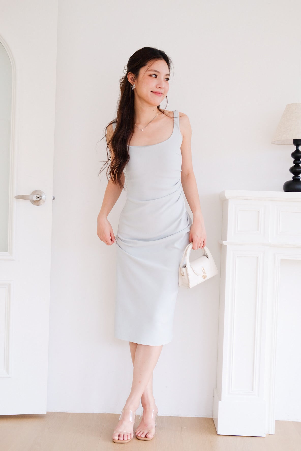 Claude Ruched Slim Fit Midi Dress (Light Sage)