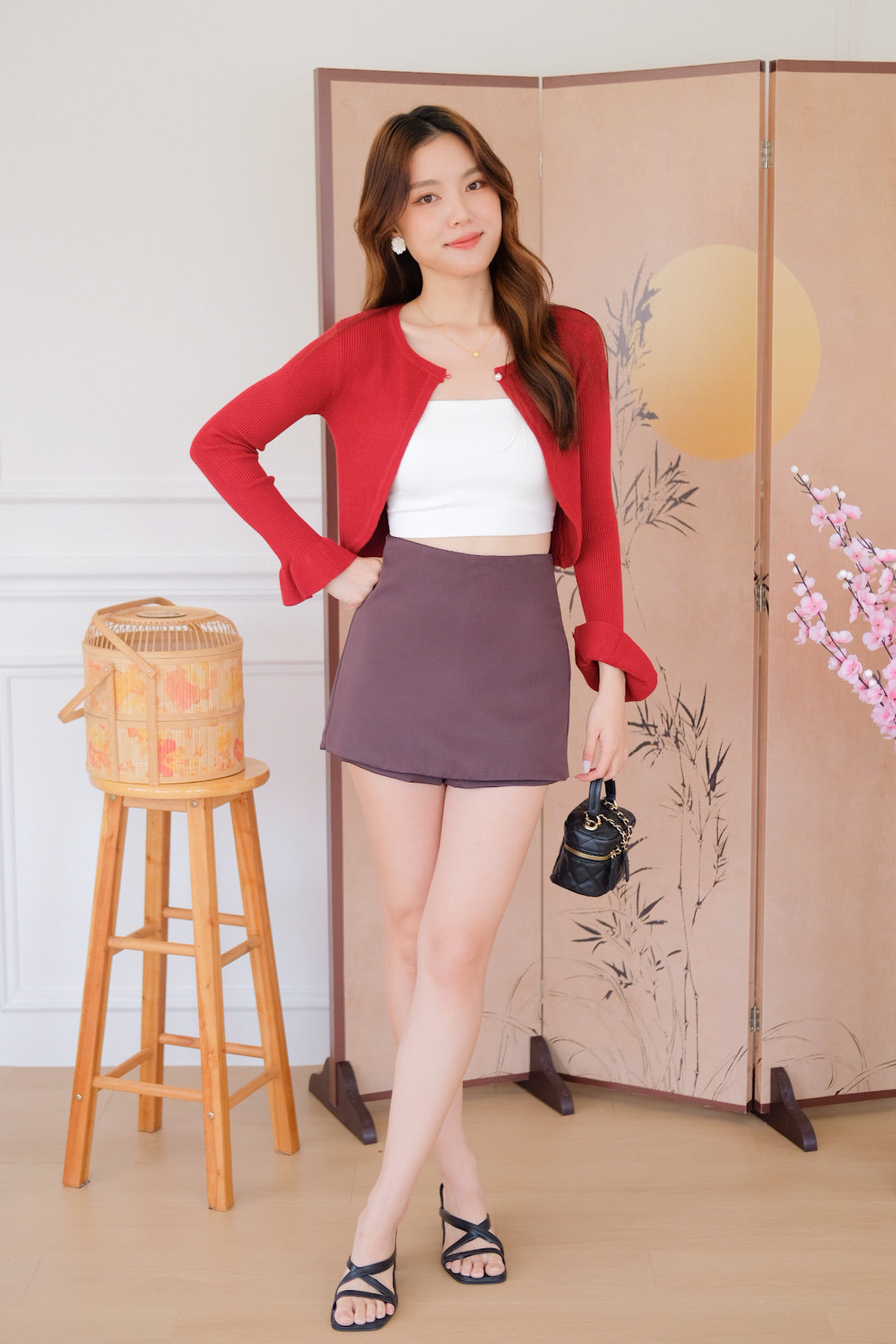 Corrine Bell Sleeves Cropped Cardigan (Wine)