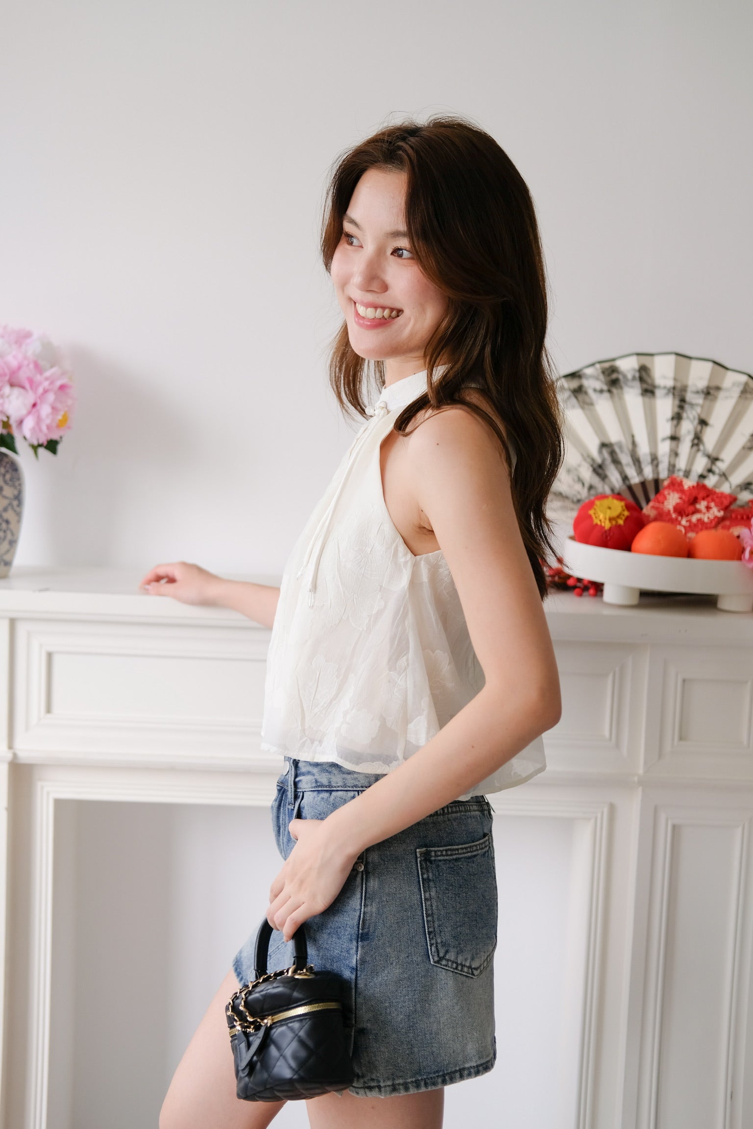 Chu Ran Floral Organza Cheongsam Top (Cream)