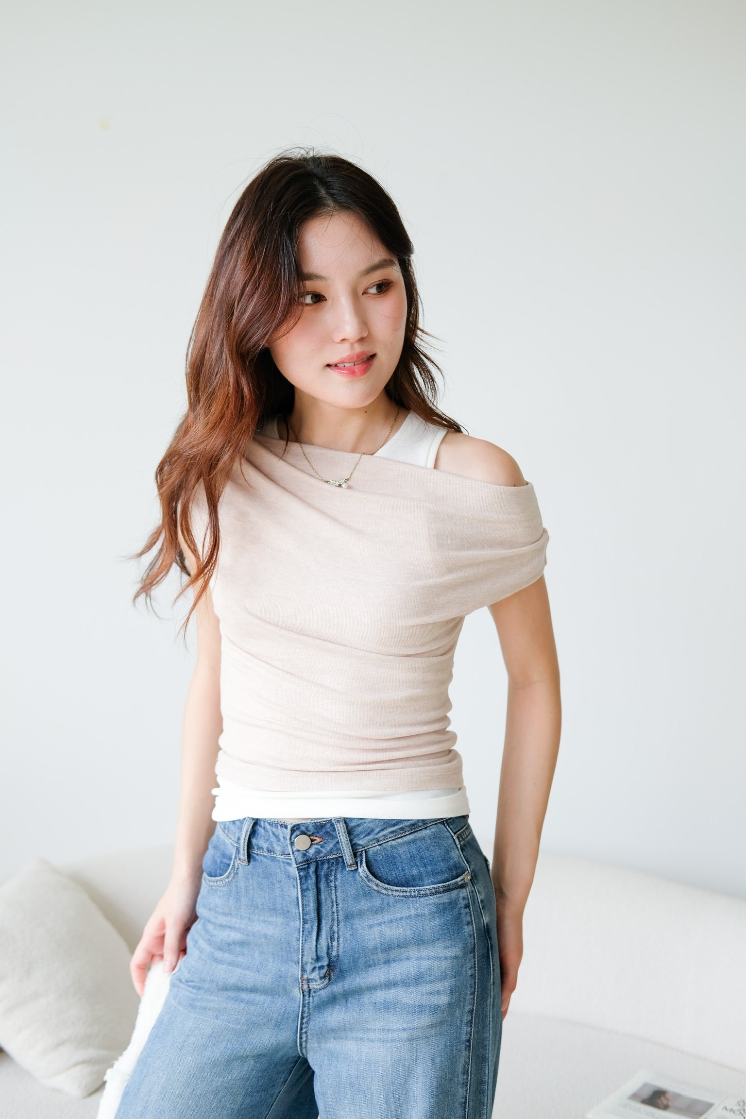Mila Cold Shoulder Cotton Tank Top (Oat Beige)