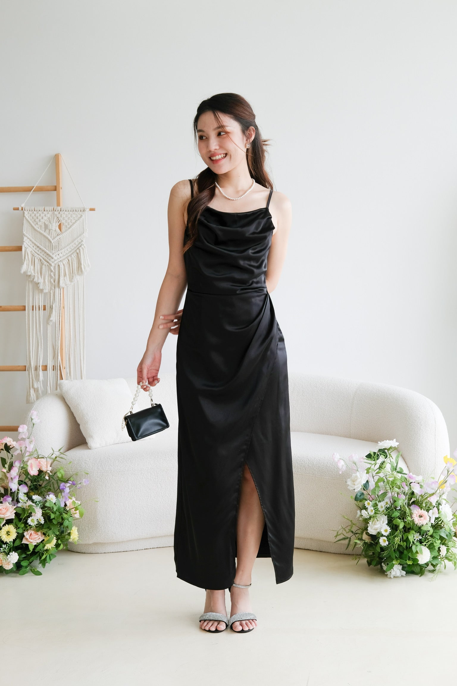 Sheryl Draped Satin Maxi Dress (Black)