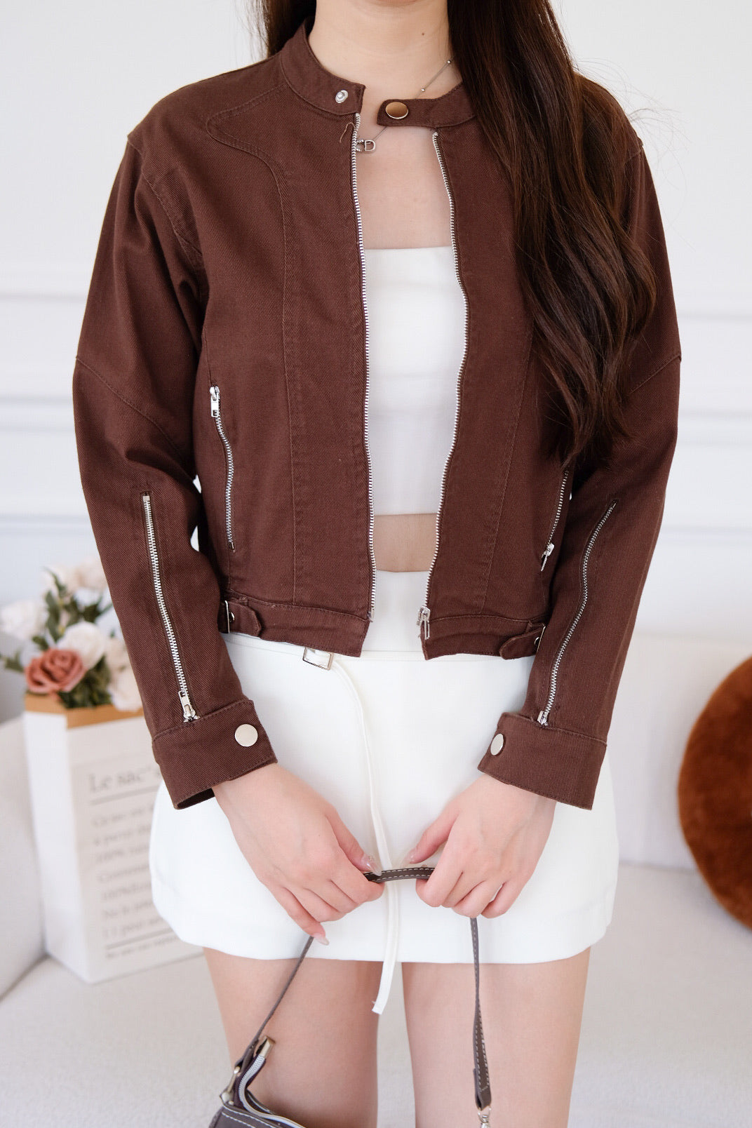 Maren Zip Cropped Denim Jacket (Mocha)