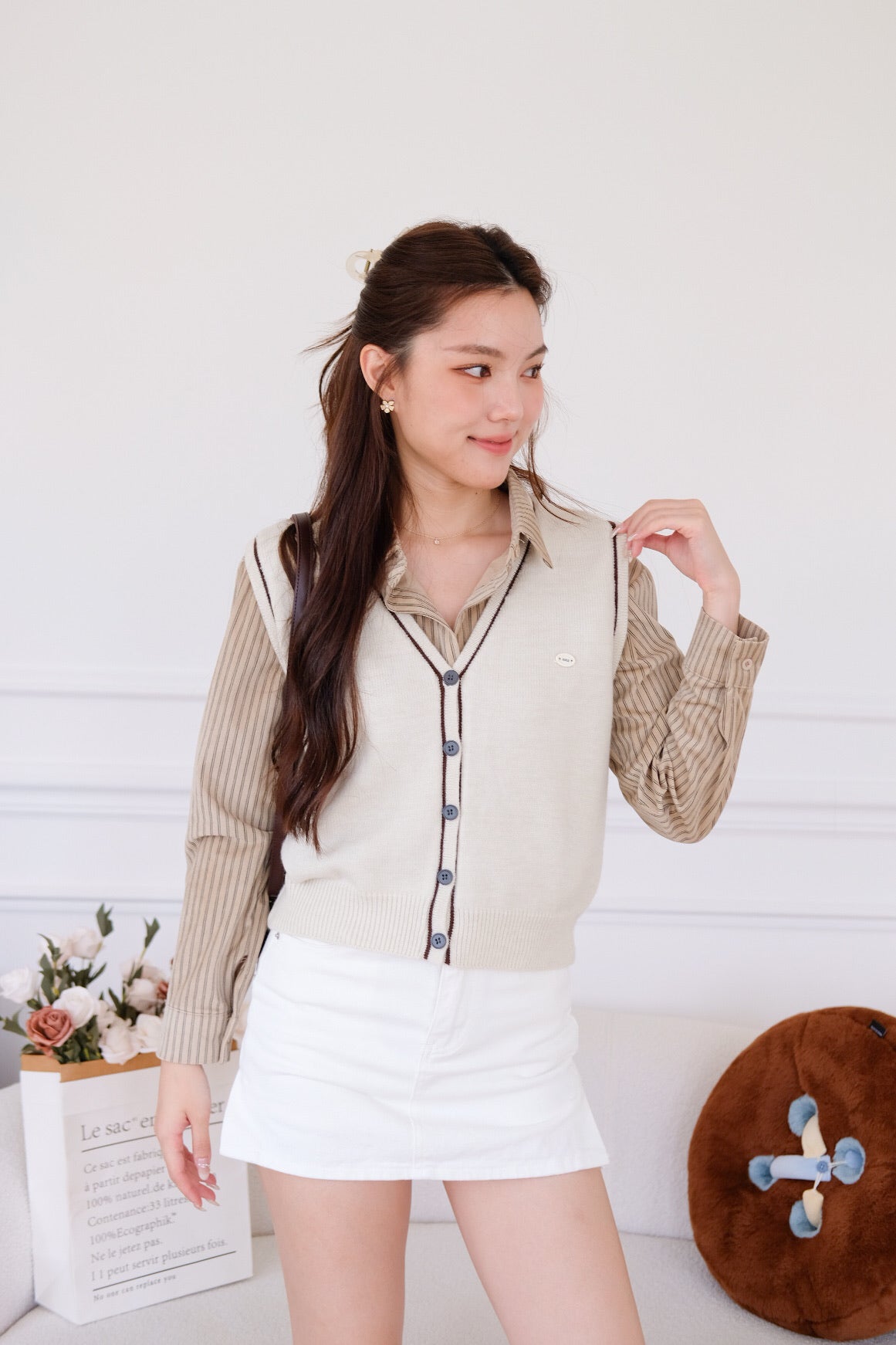 Tessa Contrast Knit Vest (Cream)