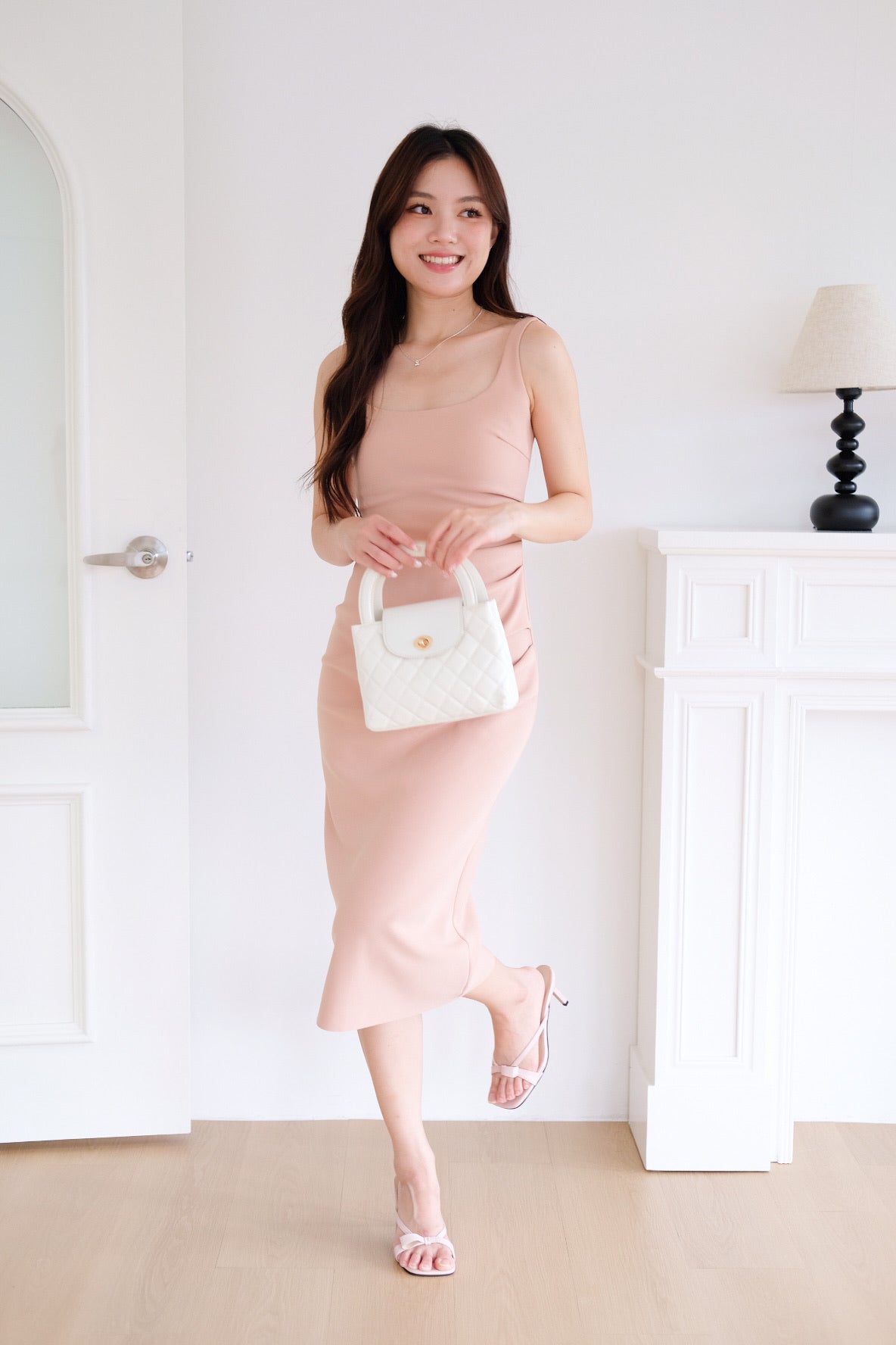 Claude Ruched Slim Fit Midi Dress (Warm Beige)