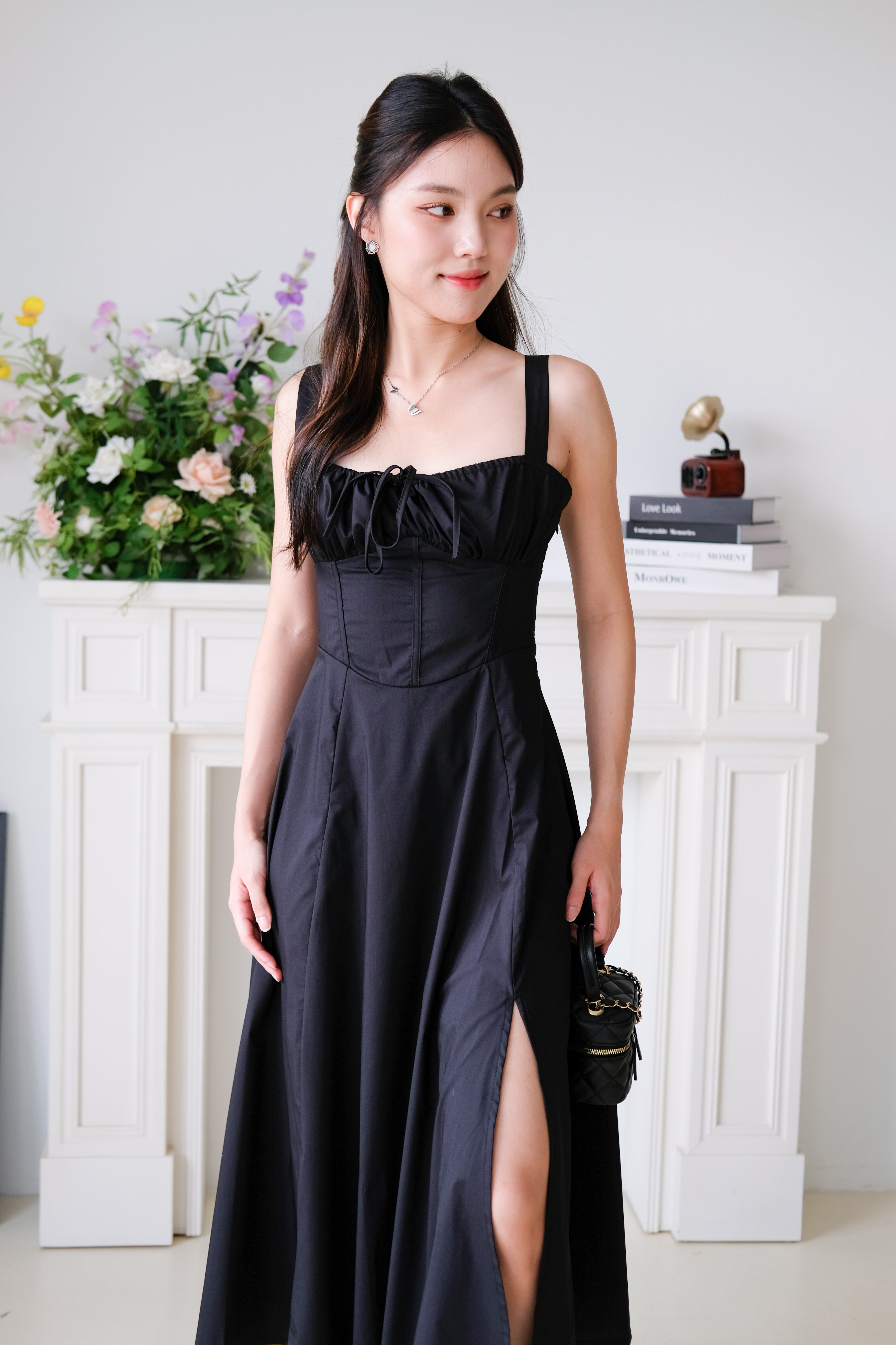 Claire Ruched Slit Midaxi Dress (Black)