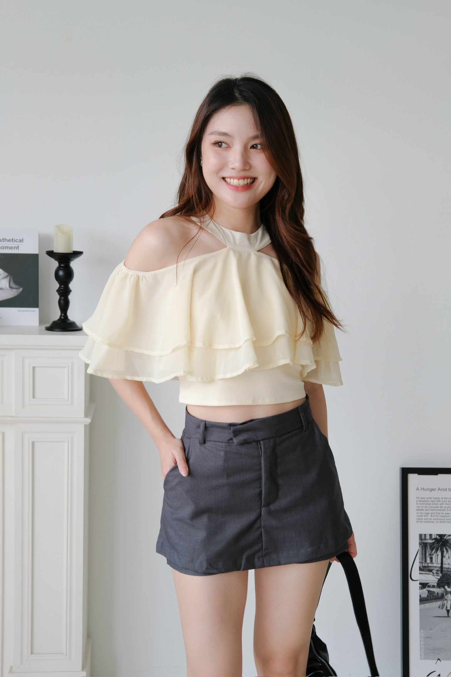 Estelle Halter Ruffle Tiered Crop (Milky Yellow)