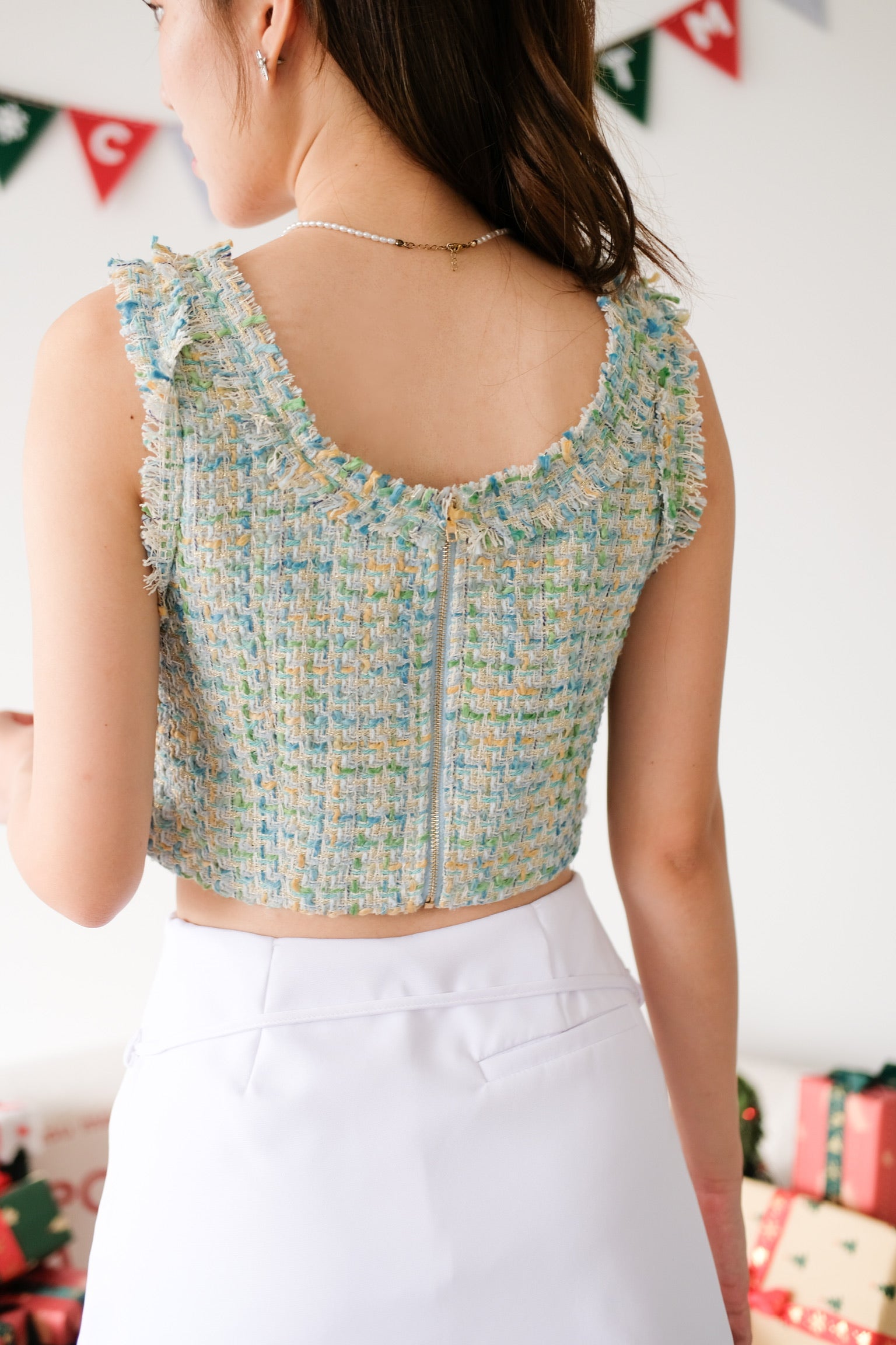Mirea Frills Tweed Crop Top (Sea Green)