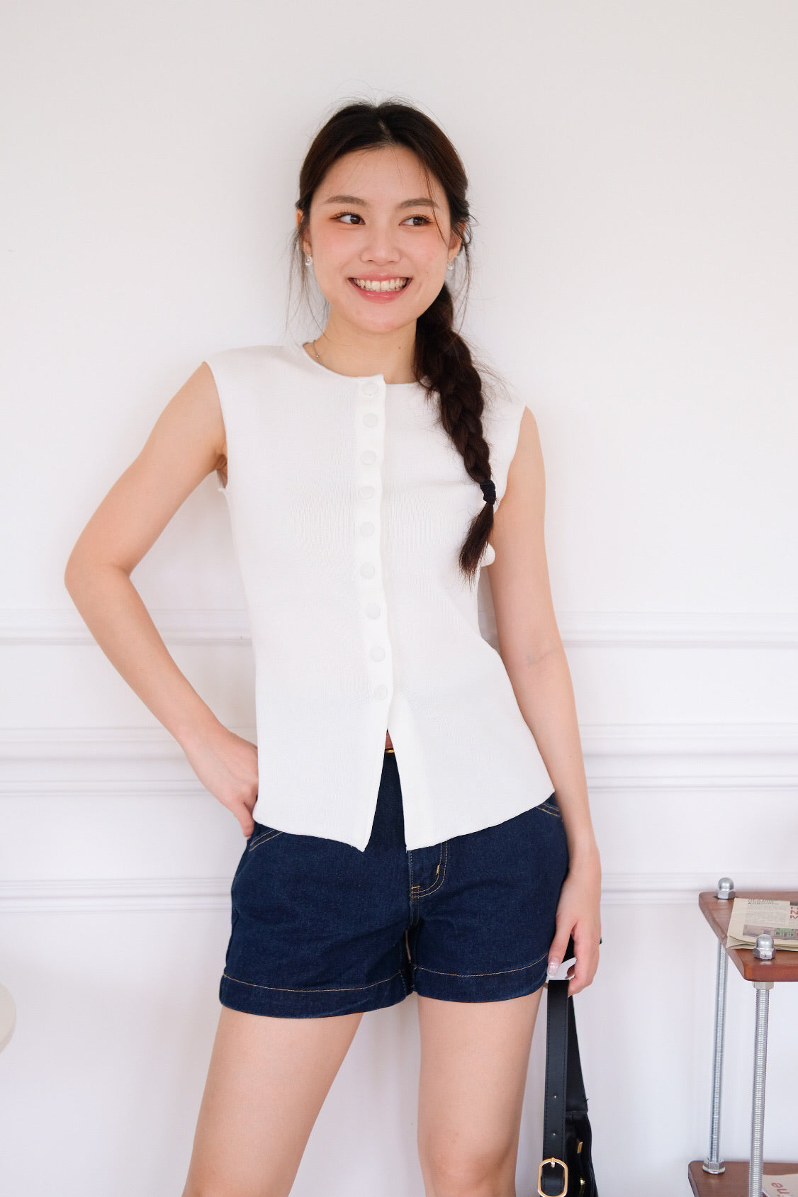 Alden Button Knit Tank Top (White)