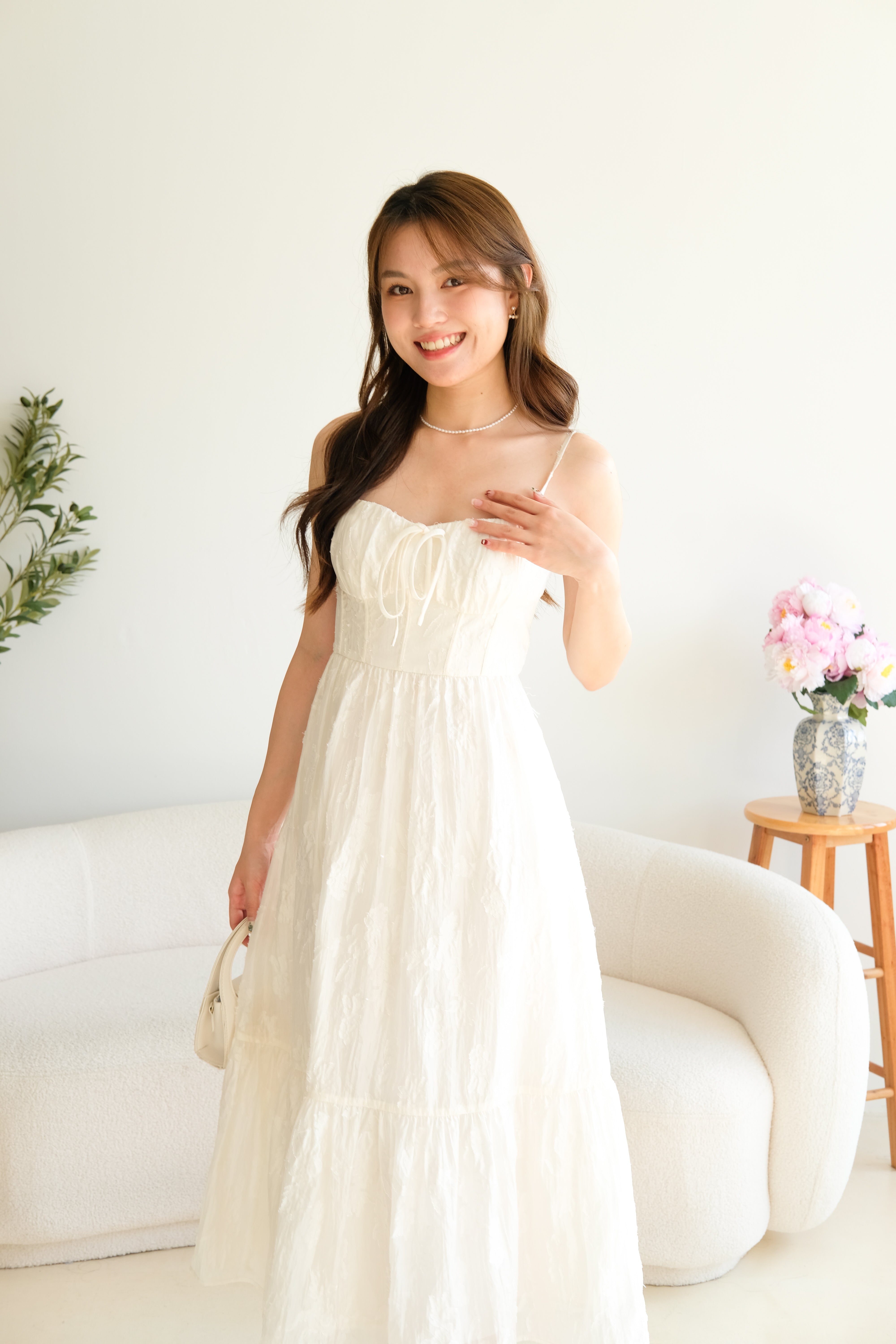 Whimsical Padded Organza Floral Maxi Dress (Cream)