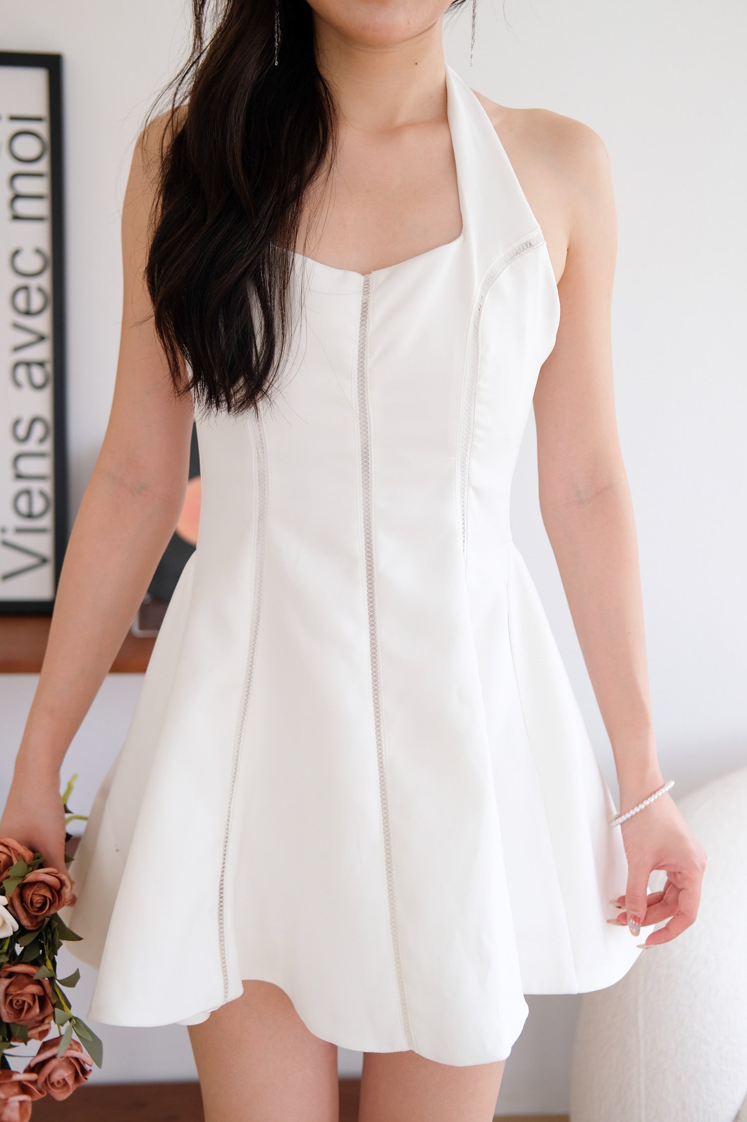 Violette Self Tie Halter Skater Dress (White)