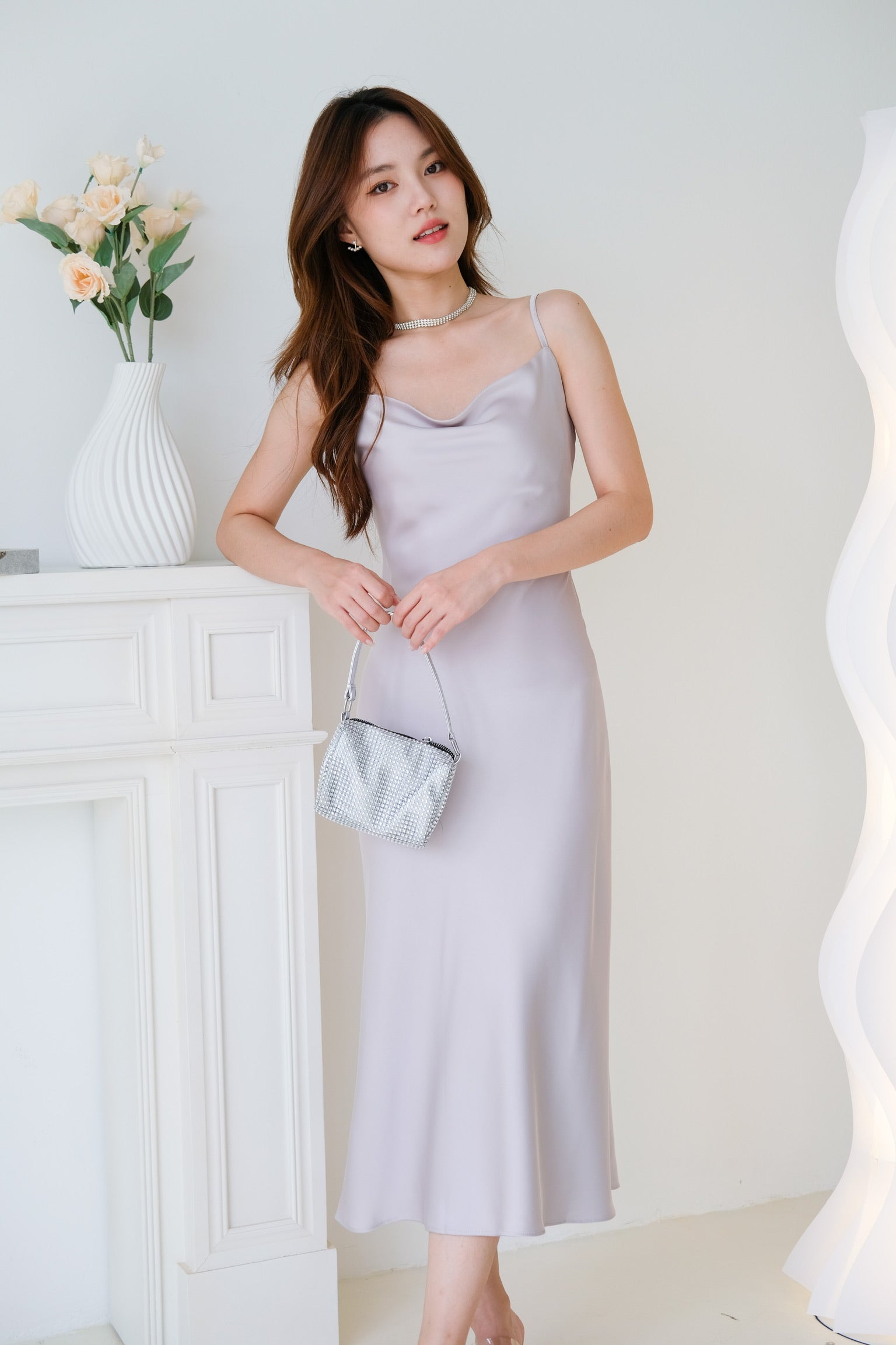 Elara Draped Satin Slip Dress (Silver)