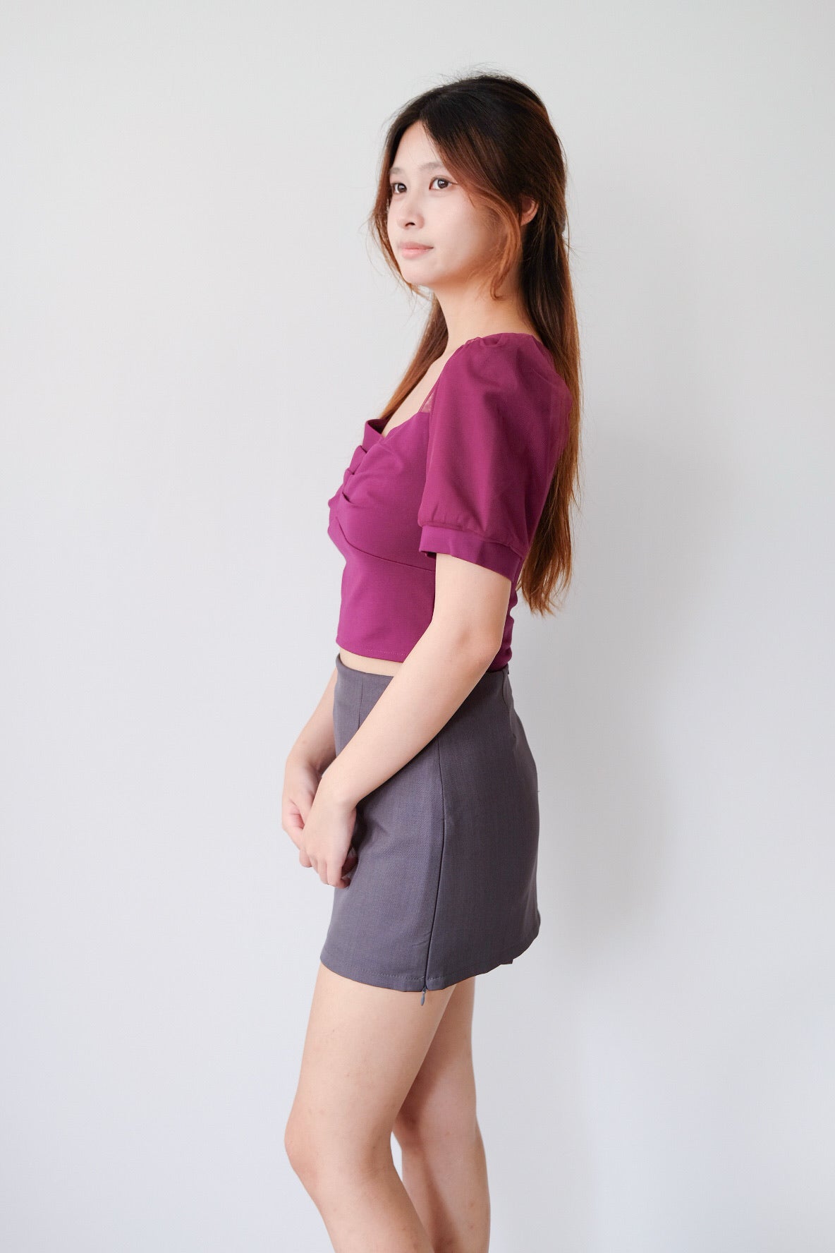 Purple Ruched Puff Sleeve Top