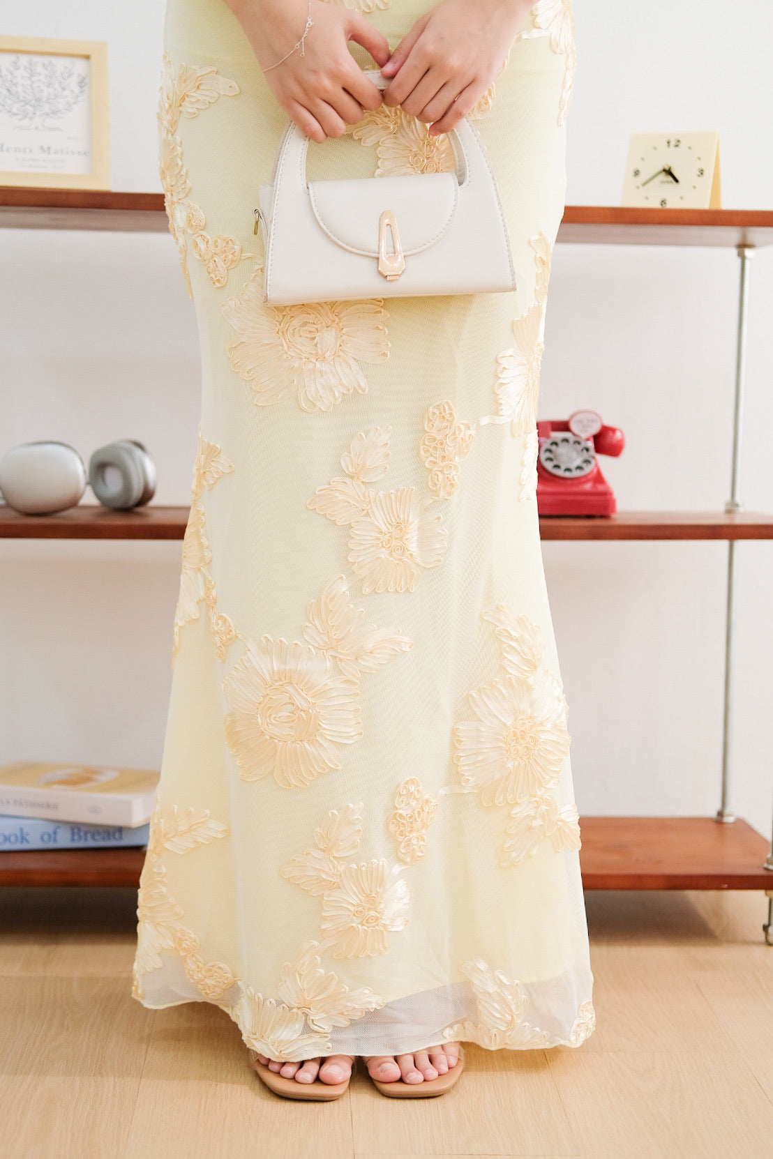 Yellow Floral Embroidered Mesh Maxi Dress