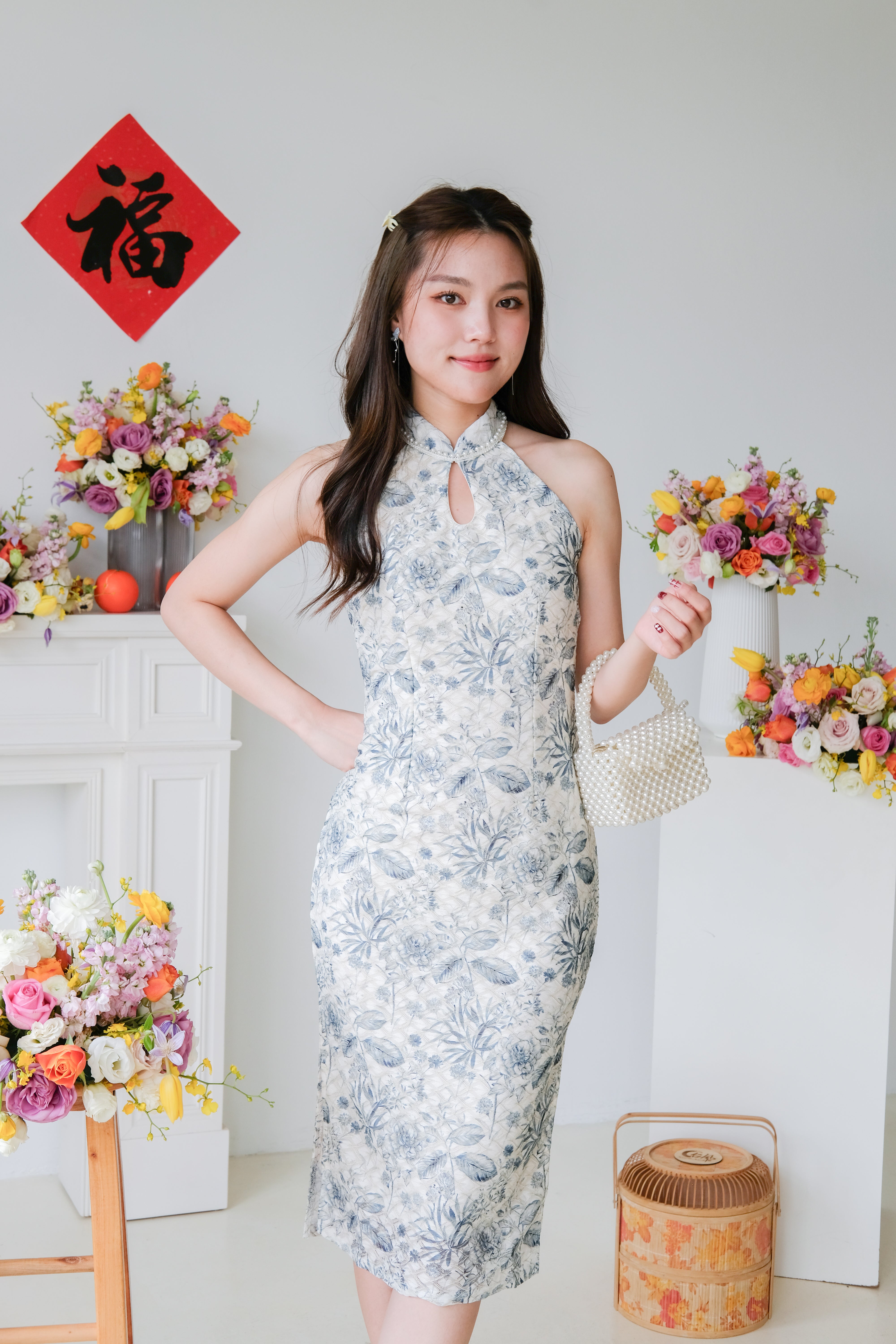 [ETA 23-27 Dec] Fenlan Vintage Mini Pearls Midi Cheongsam (Blue)