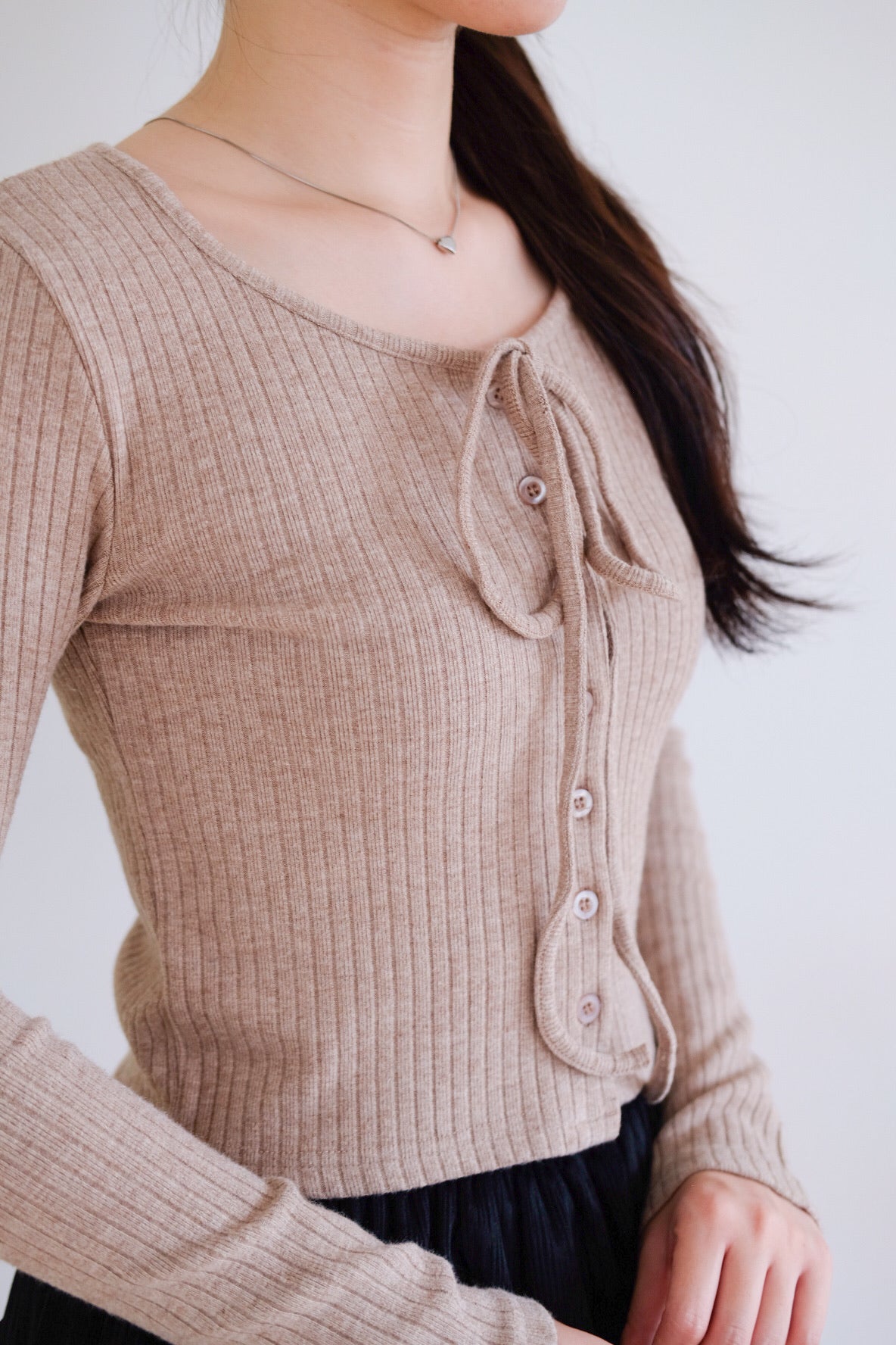 Coco Ribbon Long Sleeve Knit Top (Light Brown)