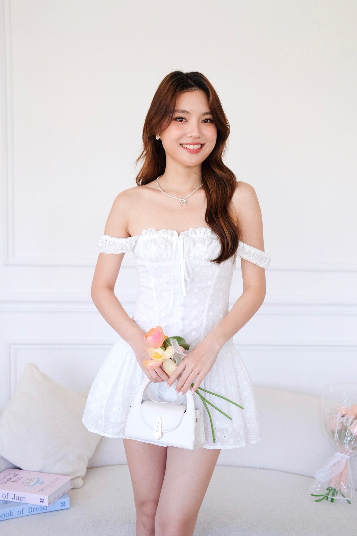 Avana Ruched Eyelet Dress (White)