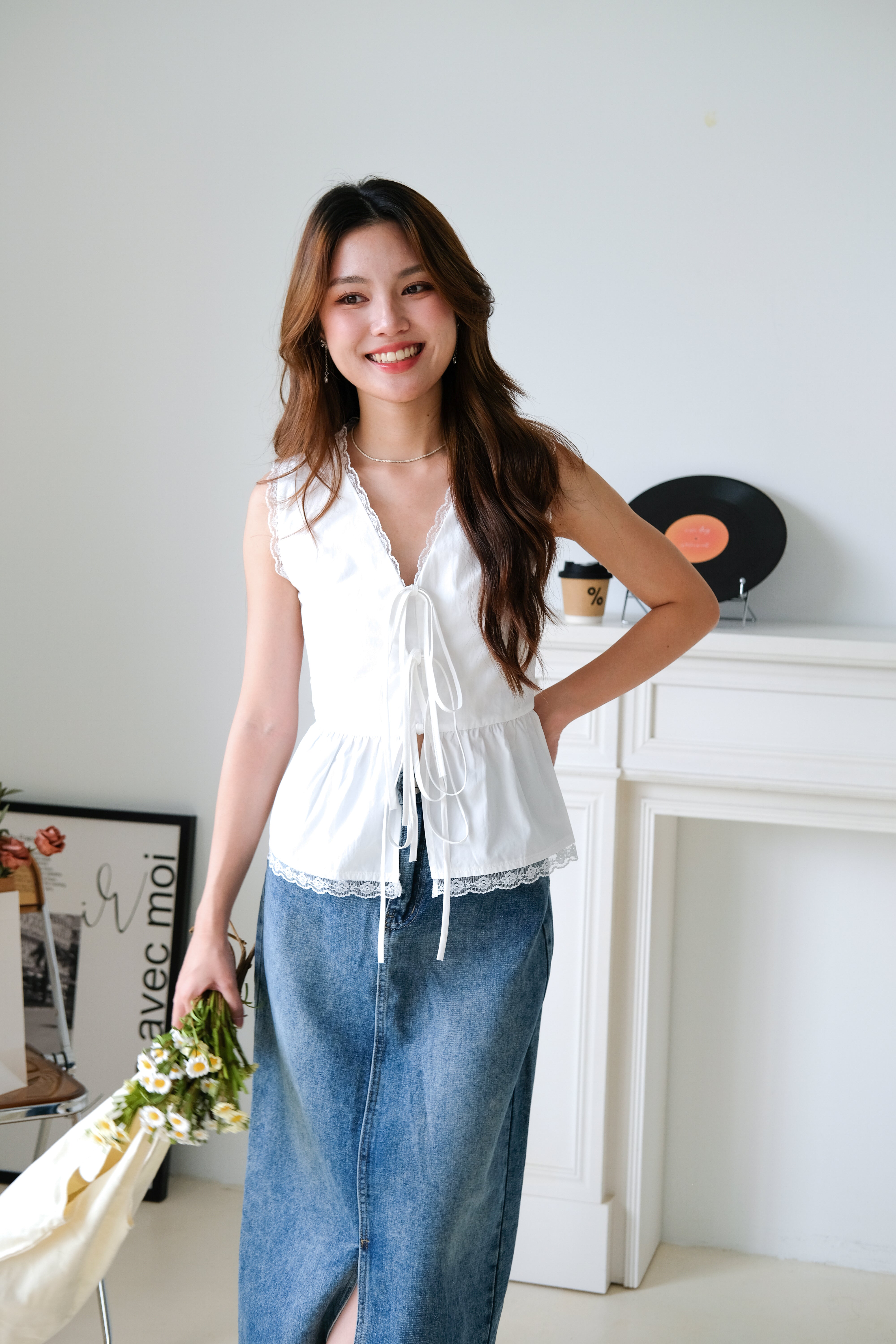 Jeanne Lace Drawstring Peplum Top (White)