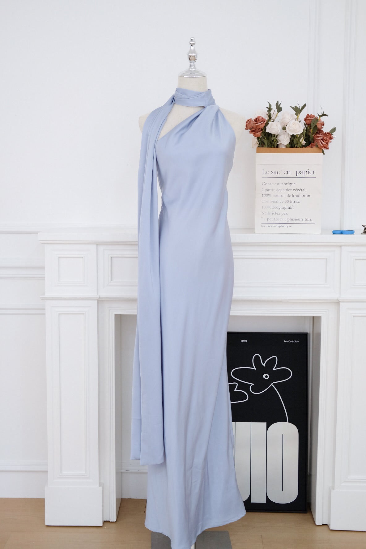 Blue Halter Bareback Satin Dress