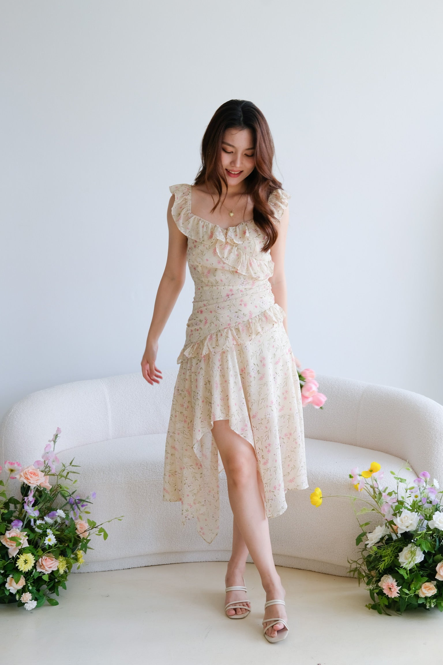 Wendy Ruffle Floral Asymmetric Dress (Oat Beige)