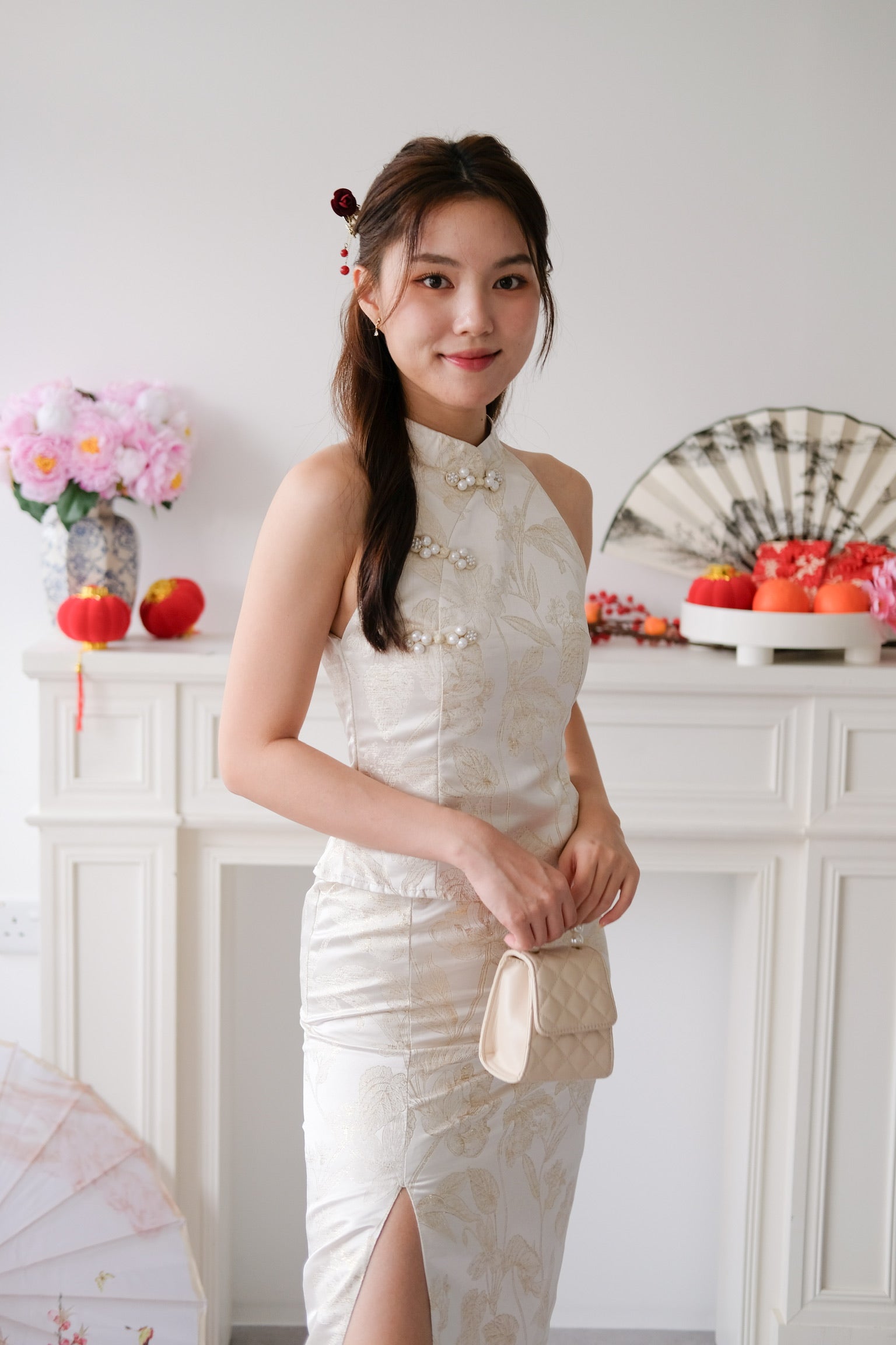 Yan Xi Halter Maxi Cheongsam Set (Cream Gold)