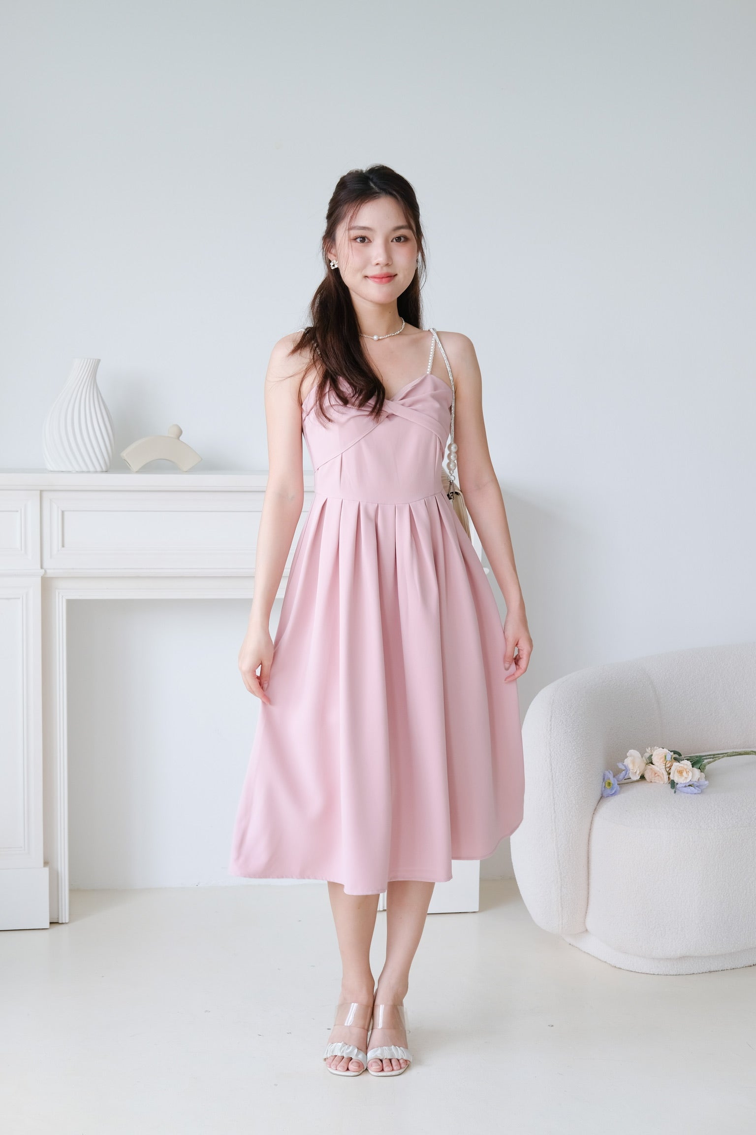 Mia Twist Sweetheart Pearl Midi Dress (Dusty Pink)