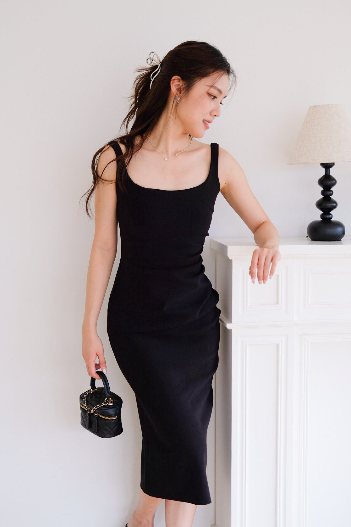 Claude Ruched Slim Fit Midi Dress (Black)