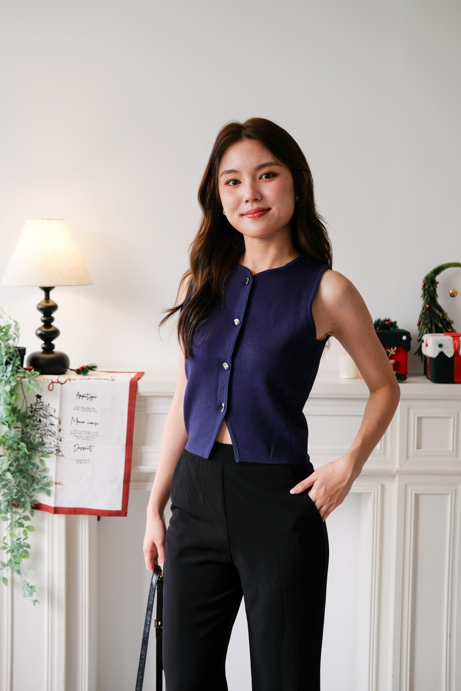 Zola Button Vest Top (Navy Blue)