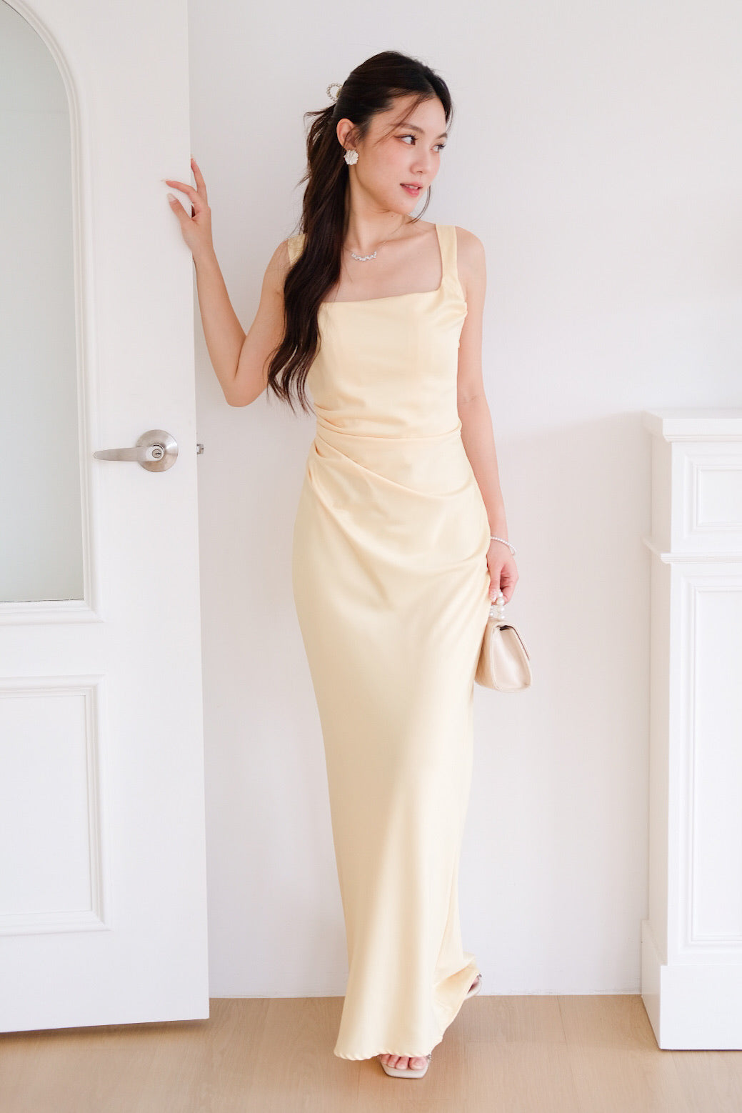 Adora Satin Mermaid Maxi Dress (Light Yellow)
