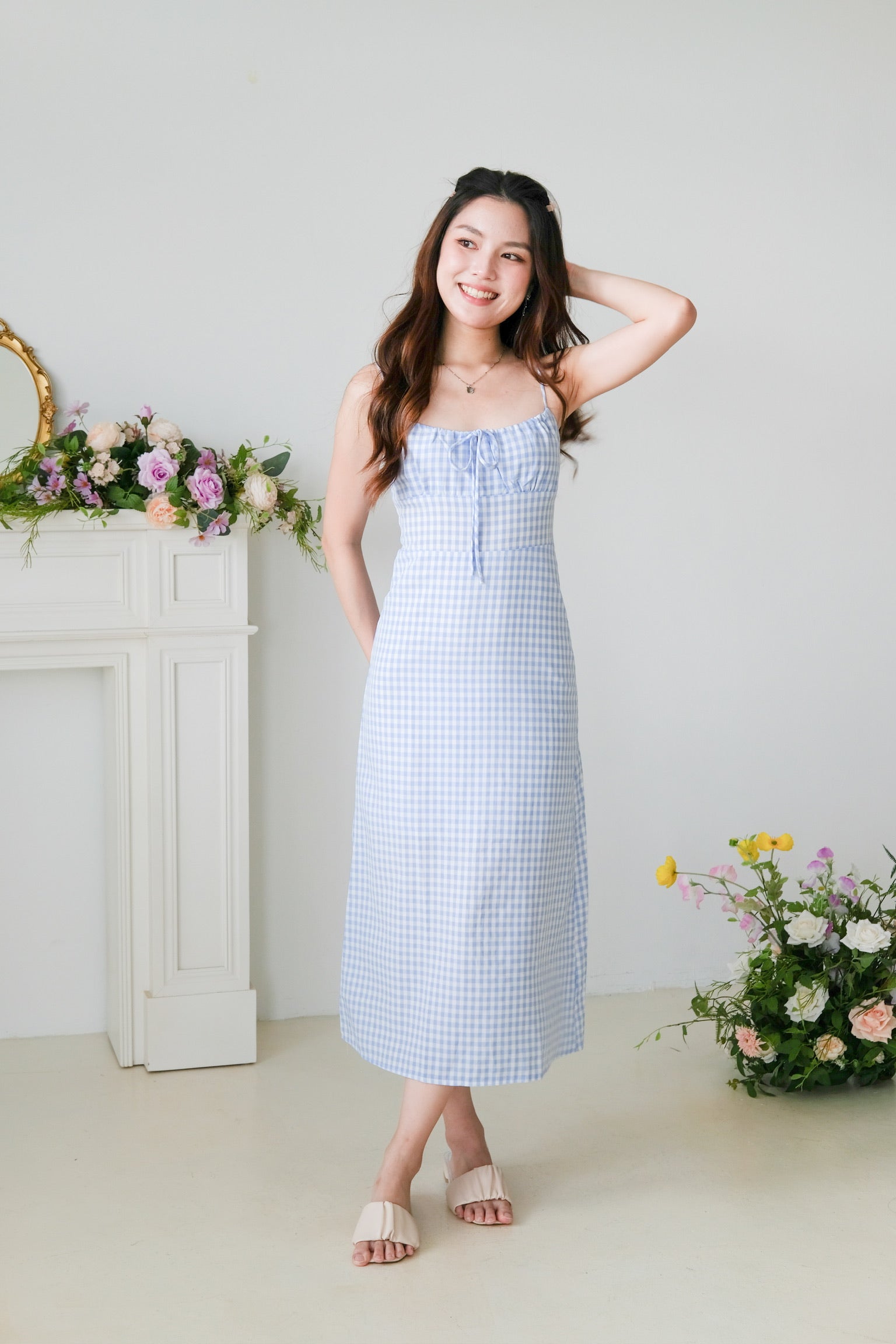 Veronnie Ruched Plaid Midi Dress (Blue)