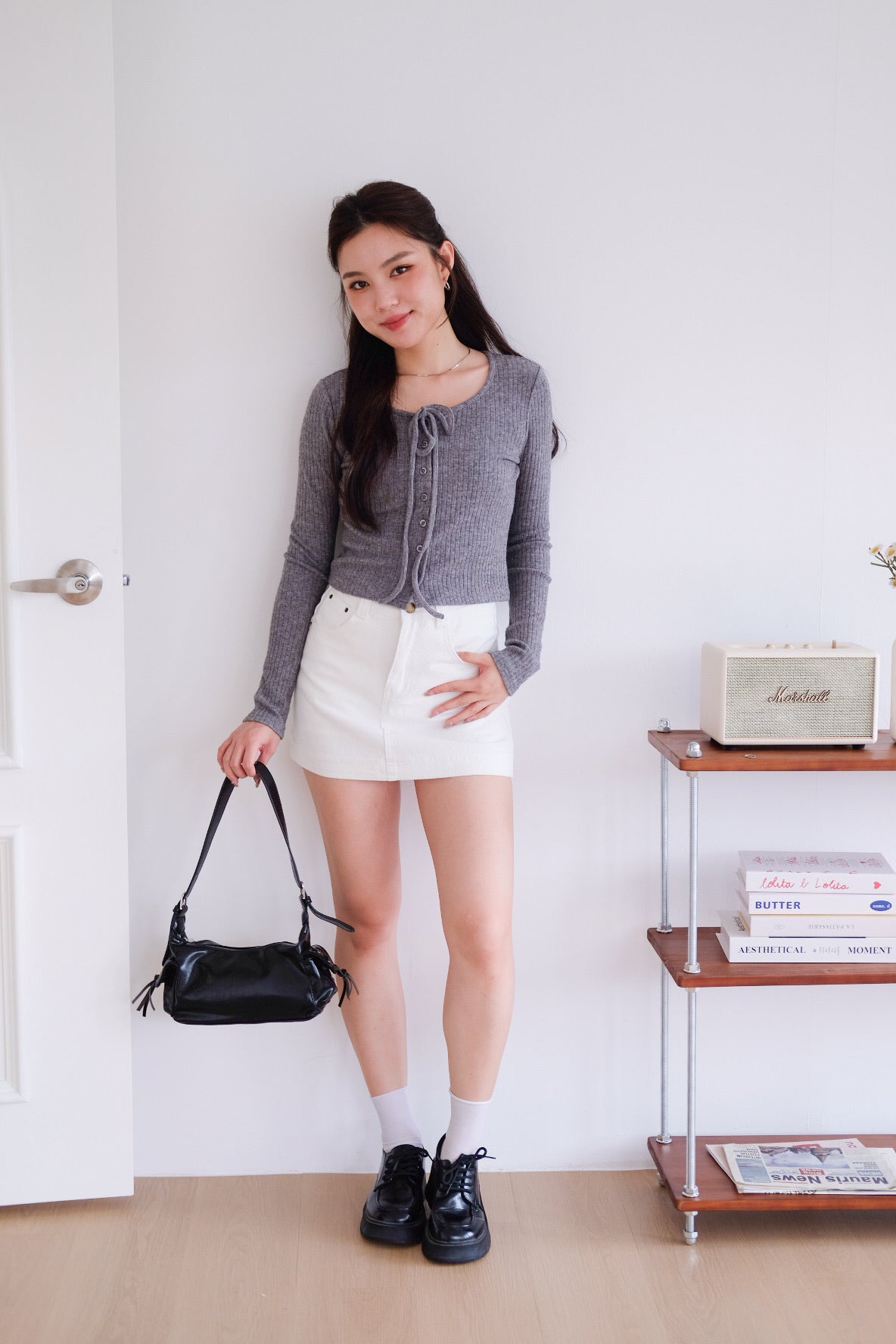 Coco Ribbon Long Sleeve Knit Top (Grey)