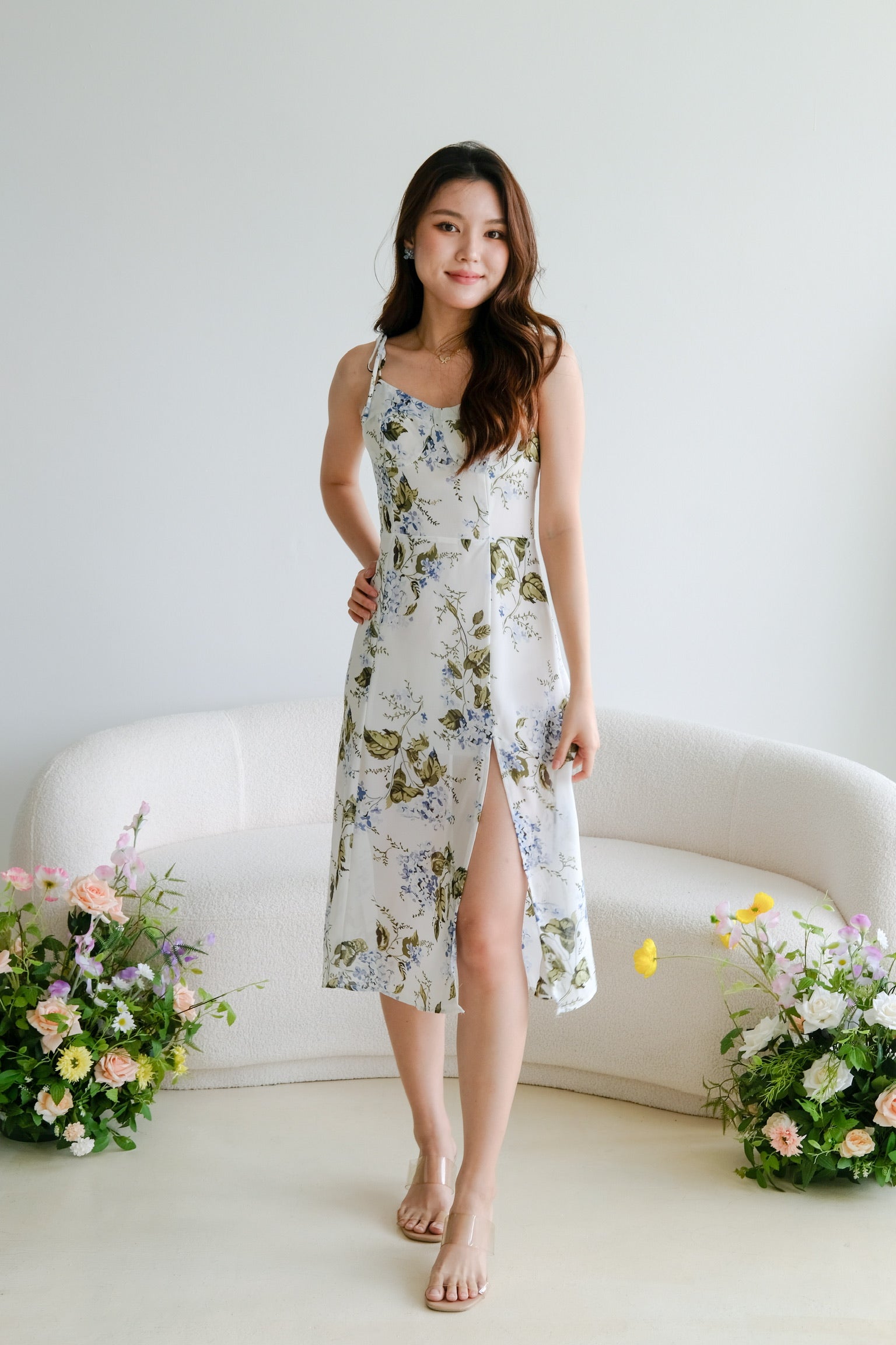 Esther Self Tie Floral Midi Dress (White Floral)