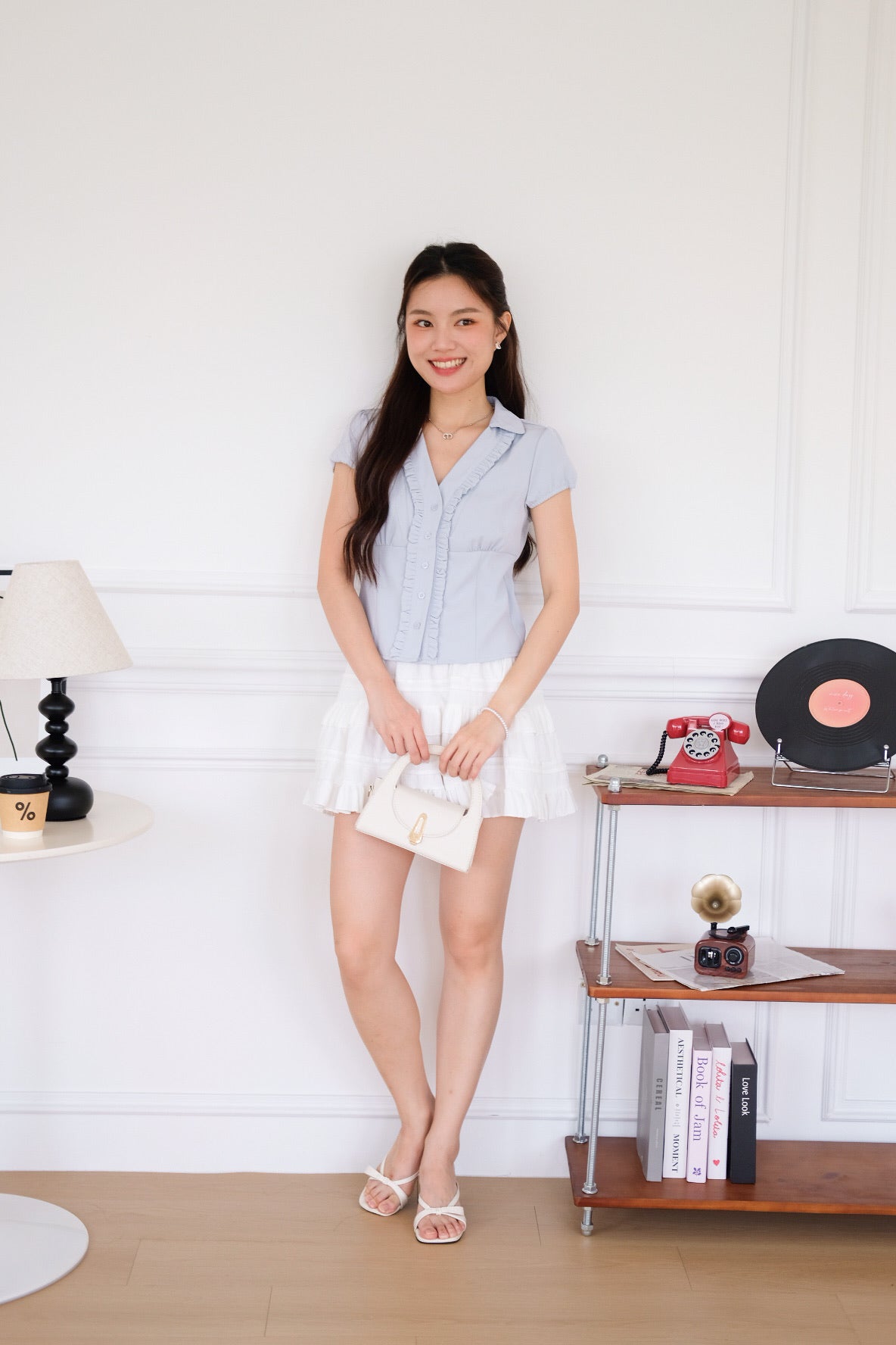 Marais Collared Ruffle Blouse Top (Nude Blue)