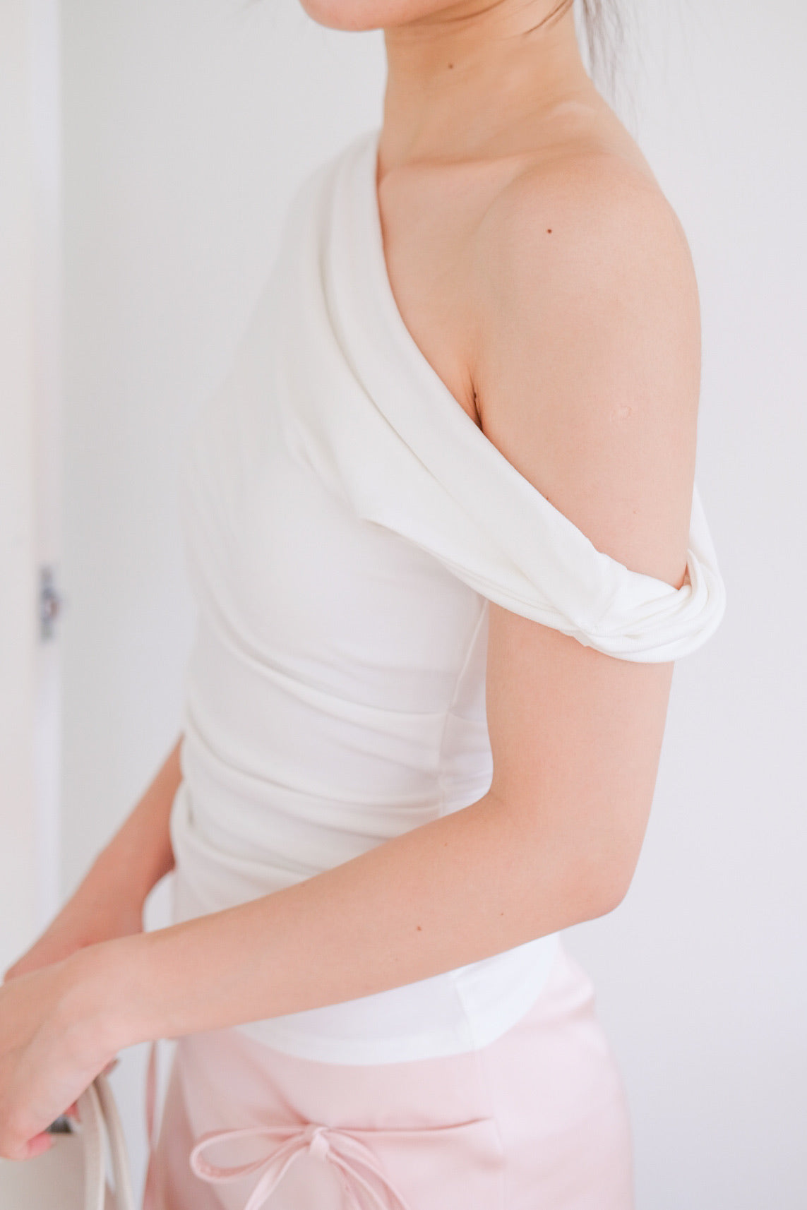 Deborah One Shoulder Ruched Top (White)