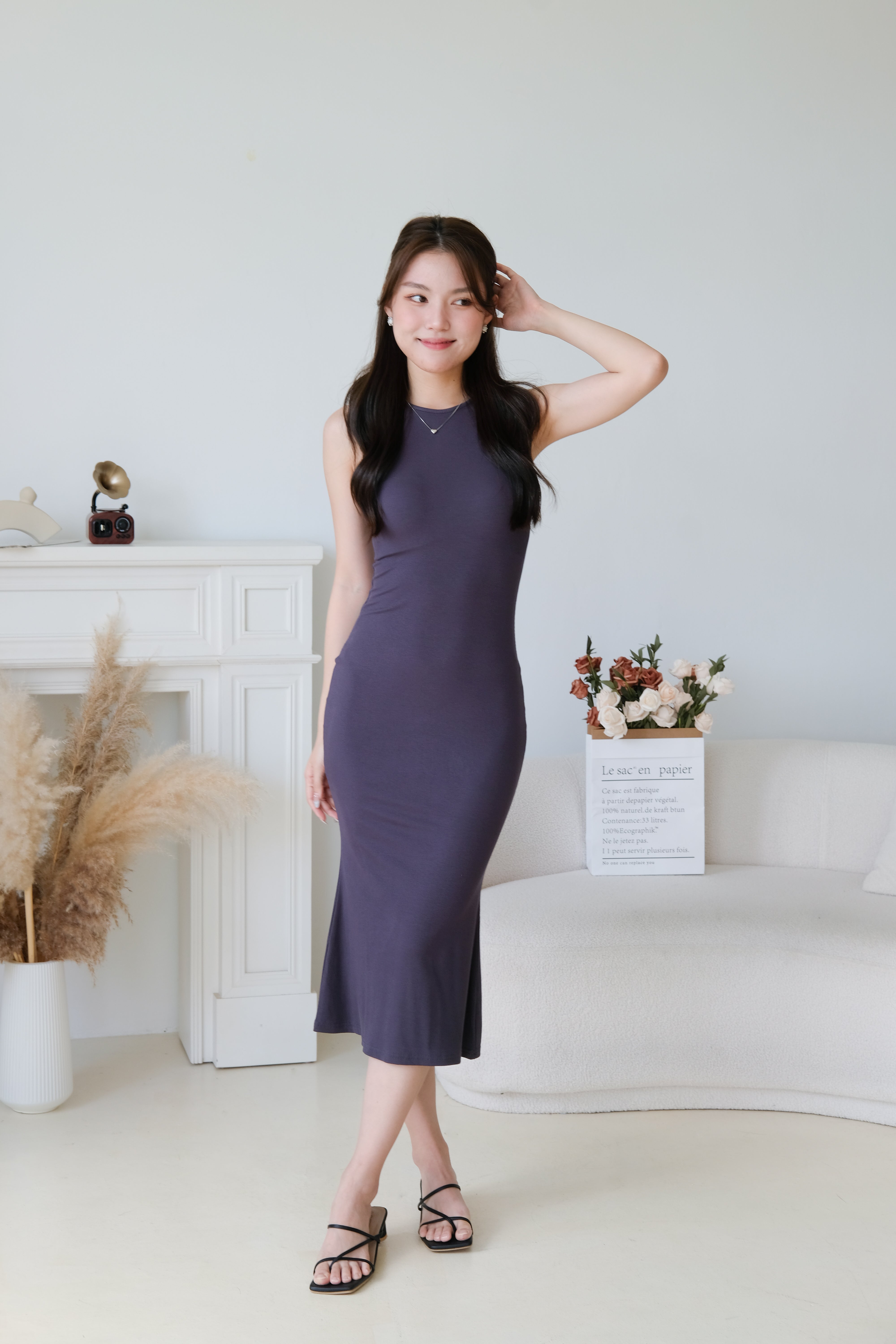 Stacey High Neck Bodycon Maxi Dress (Stone Grey)