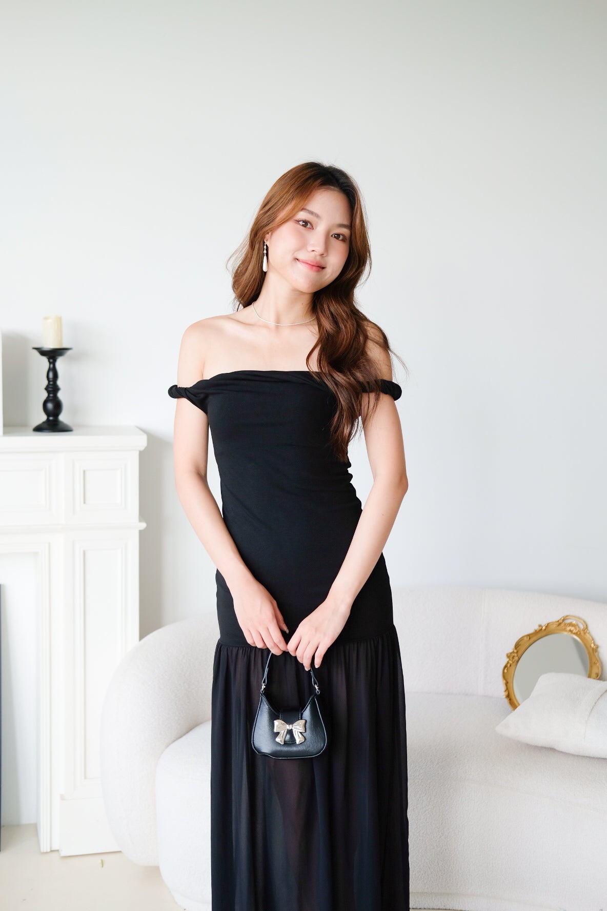 Kim Twist Off Shoulder Bodycon Maxi Dress (Black)