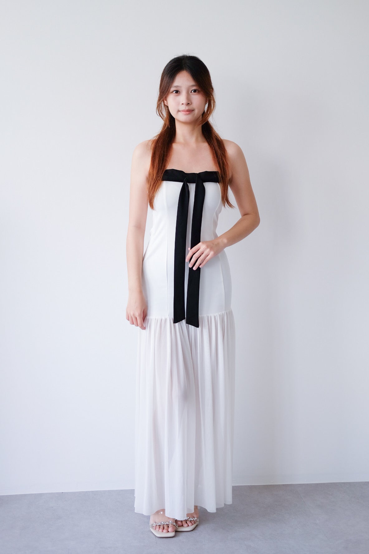 Contrast Ribbon Tube Chiffon Dress