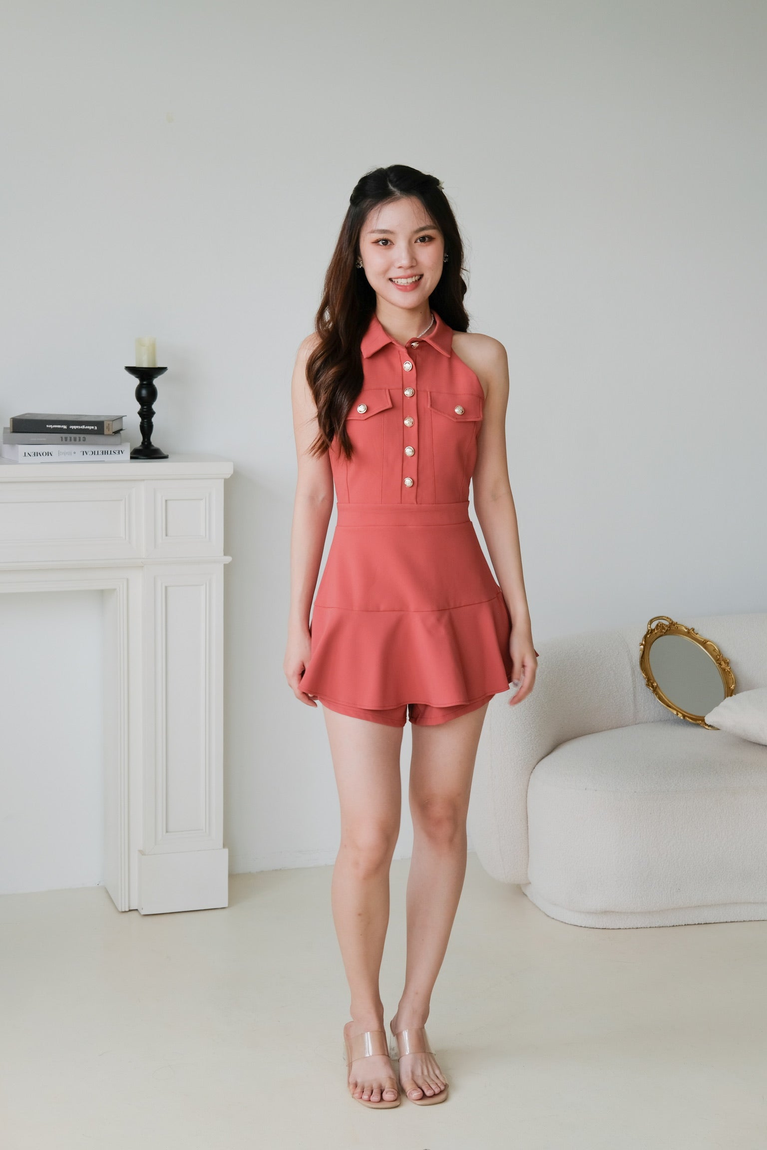 Dionne Gold Button Collared Romper (Brick Red)