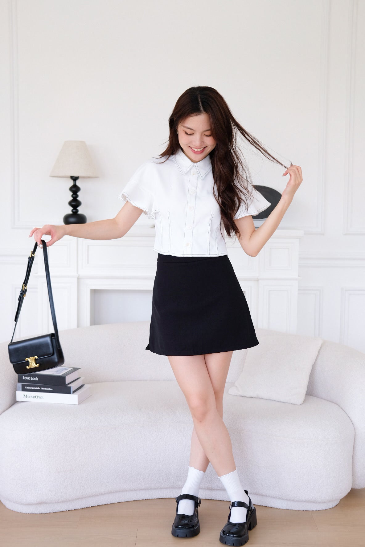 Juliana Contrast Flutter Sleeves Top (White)