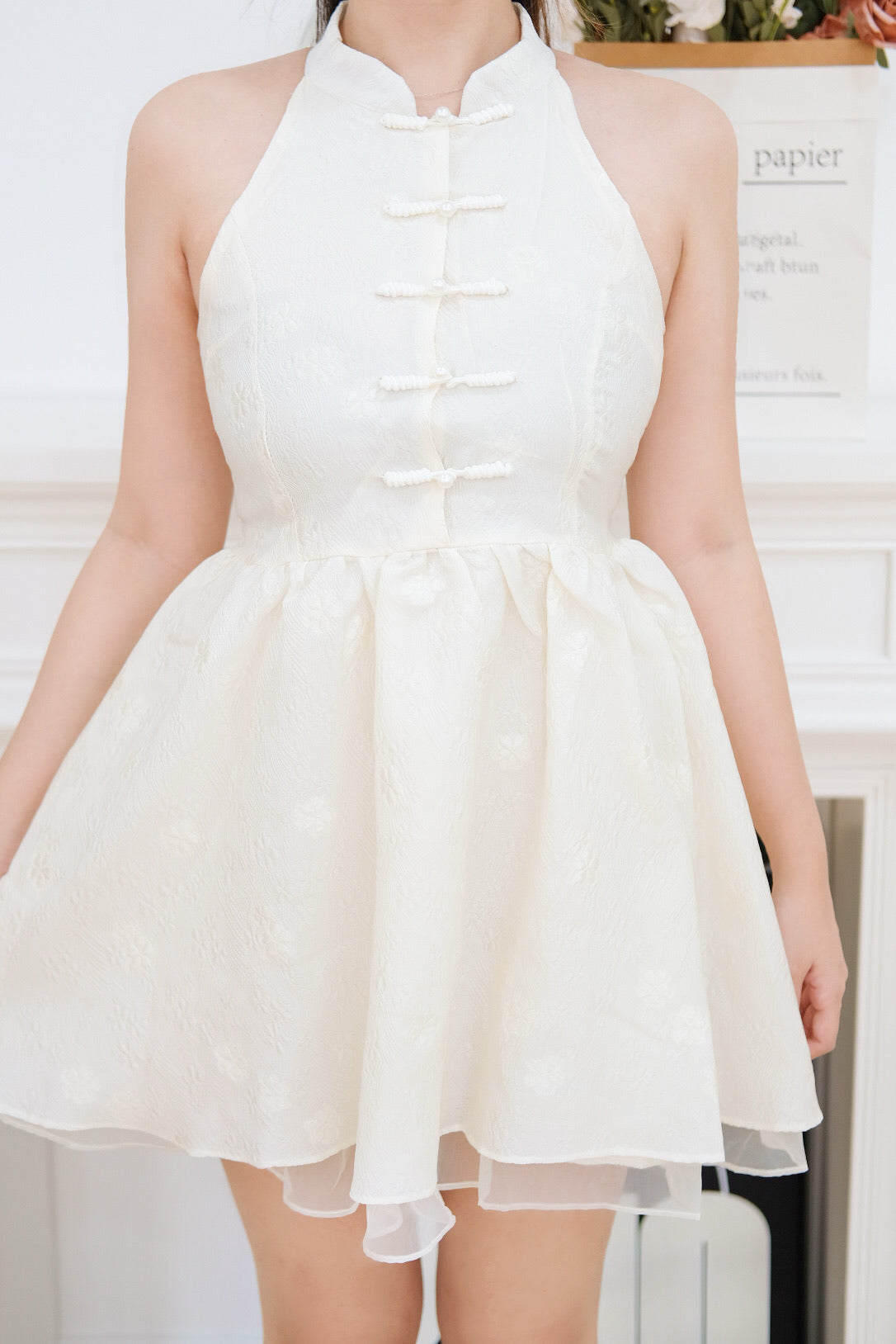 Cream Halter Bubble Cheongsam Dress