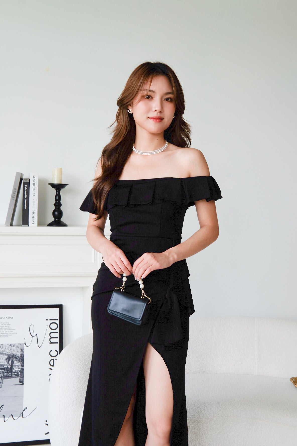 Dione Off Shoulder Slit Dinner Maxi Dress (Black)