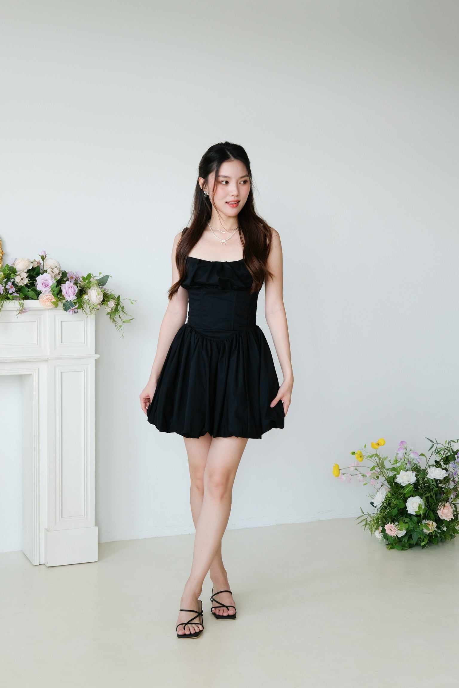 Carine Ruched Bubble Dress (Black)