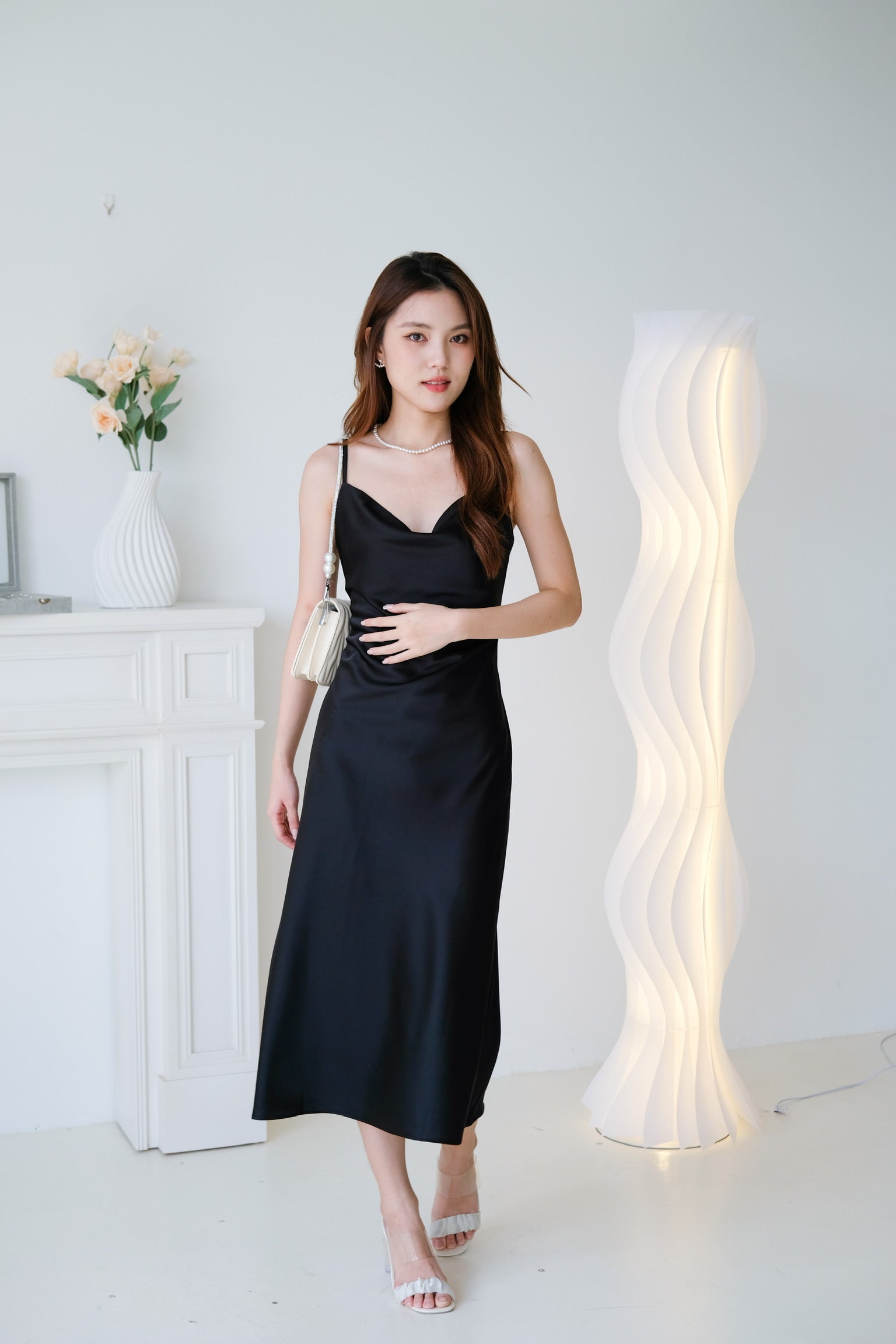 Elara Draped Satin Slip Dress (Black)